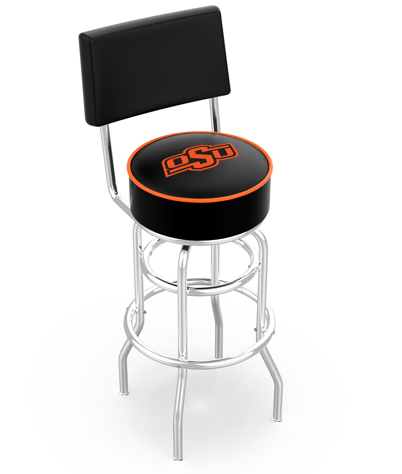 Oklahoma State University 30-Inch Swivel Bar Stool w/ Chrome Finish, Double-Ring Base, Cushioned Back, 5-Inch Cushion Seat 1 Oklahoma State University 30-Inch Swivel Bar Stool w/ Chrome Finish, Double-Ring Base, Cushioned Back, 5-Inch Cushion Seat