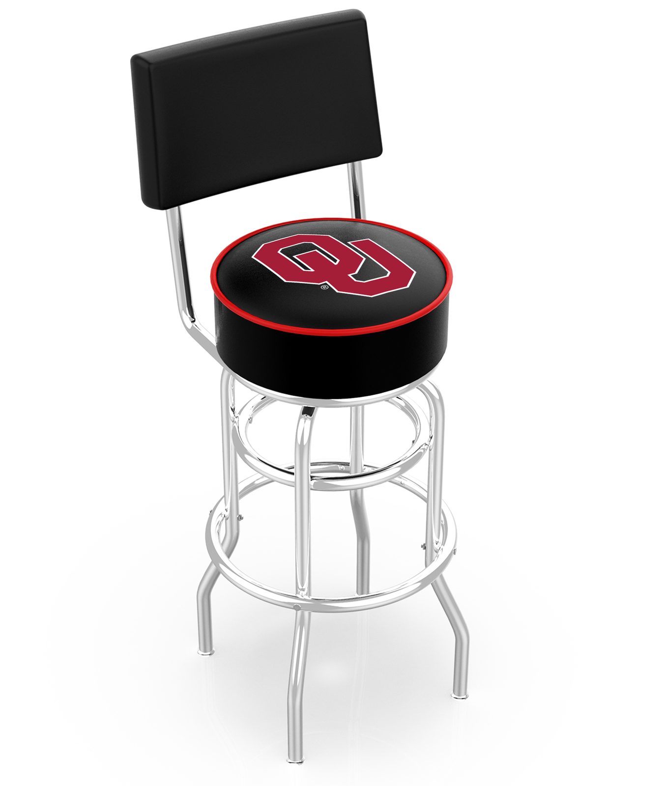 Oklahoma University 30-Inch Swivel Bar Stool w/ Chrome Finish, Double-Ring Base, Cushioned Back, 5-Inch Cushion Seat 1 Oklahoma University 30-Inch Swivel Bar Stool w/ Chrome Finish, Double-Ring Base, Cushioned Back, 5-Inch Cushion Seat