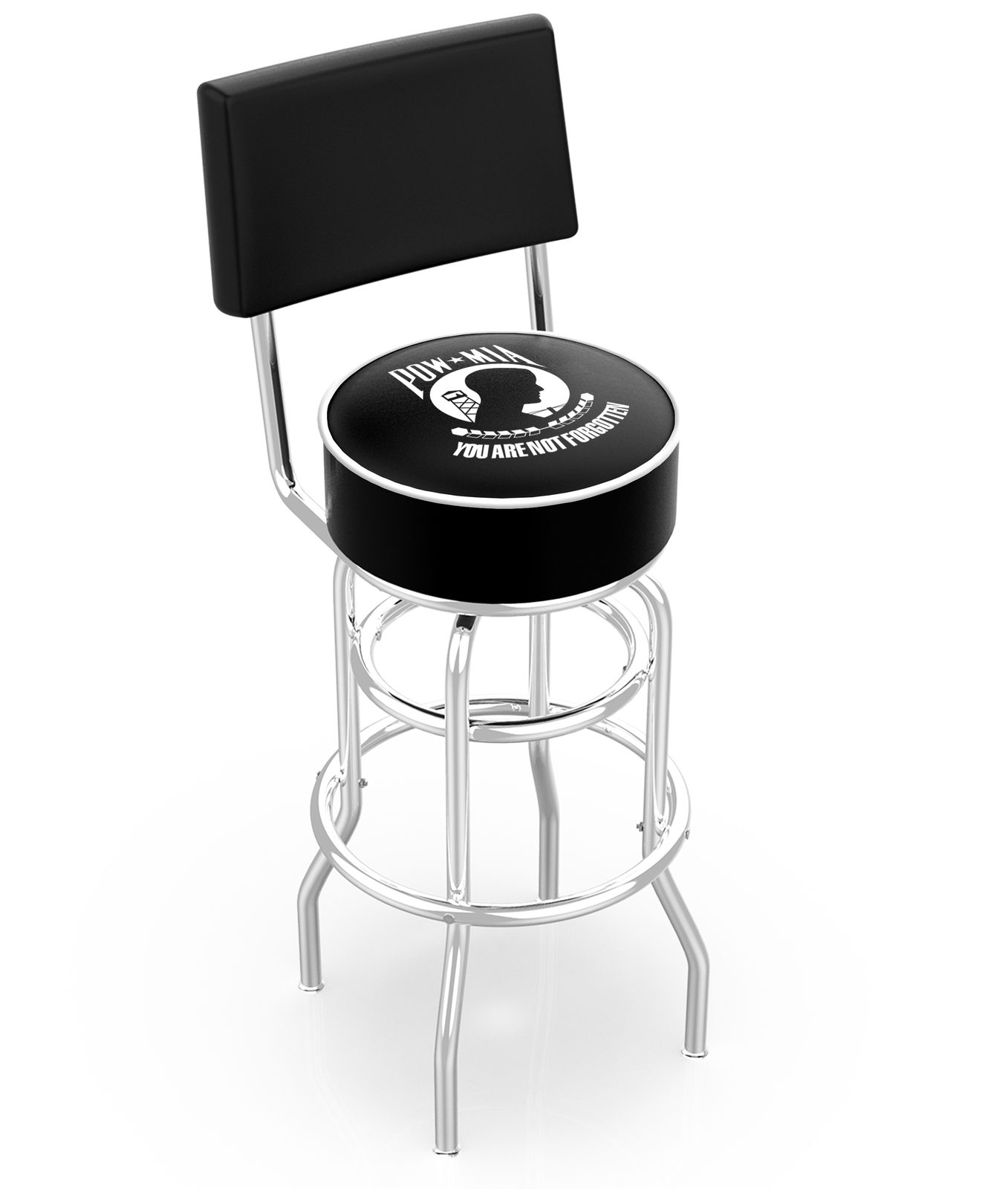 POW/MIA 25-Inch Swivel Counter Stool w/ Chrome Finish, Double-Ring Base, Cushioned Back, 5-Inch Cushion Seat 1 POW/MIA 25-Inch Swivel Counter Stool w/ Chrome Finish, Double-Ring Base, Cushioned Back, 5-Inch Cushion Seat