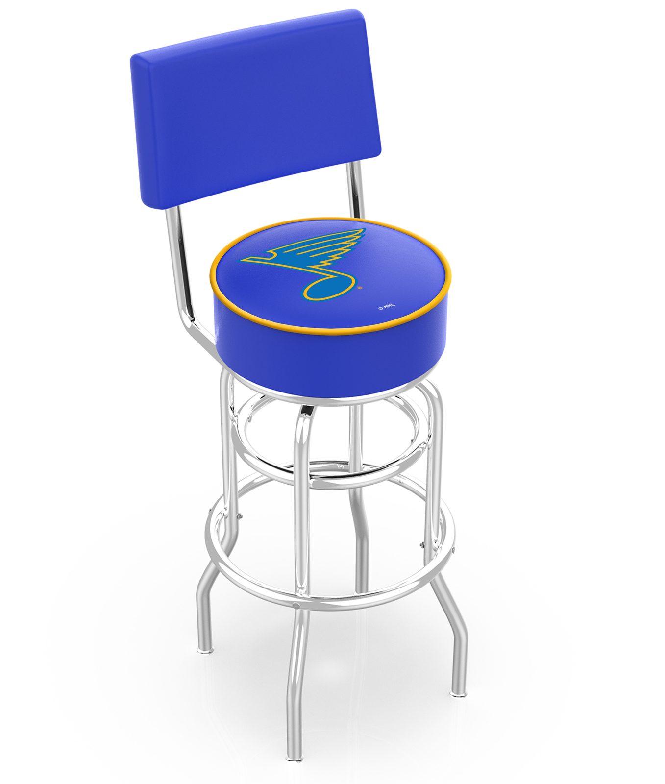 St Louis Blues 30-Inch Swivel Bar Stool w/ Chrome Finish, Double-Ring Base, Cushioned Back, 5-Inch Cushion Seat 1 St Louis Blues 30-Inch Swivel Bar Stool w/ Chrome Finish, Double-Ring Base, Cushioned Back, 5-Inch Cushion Seat