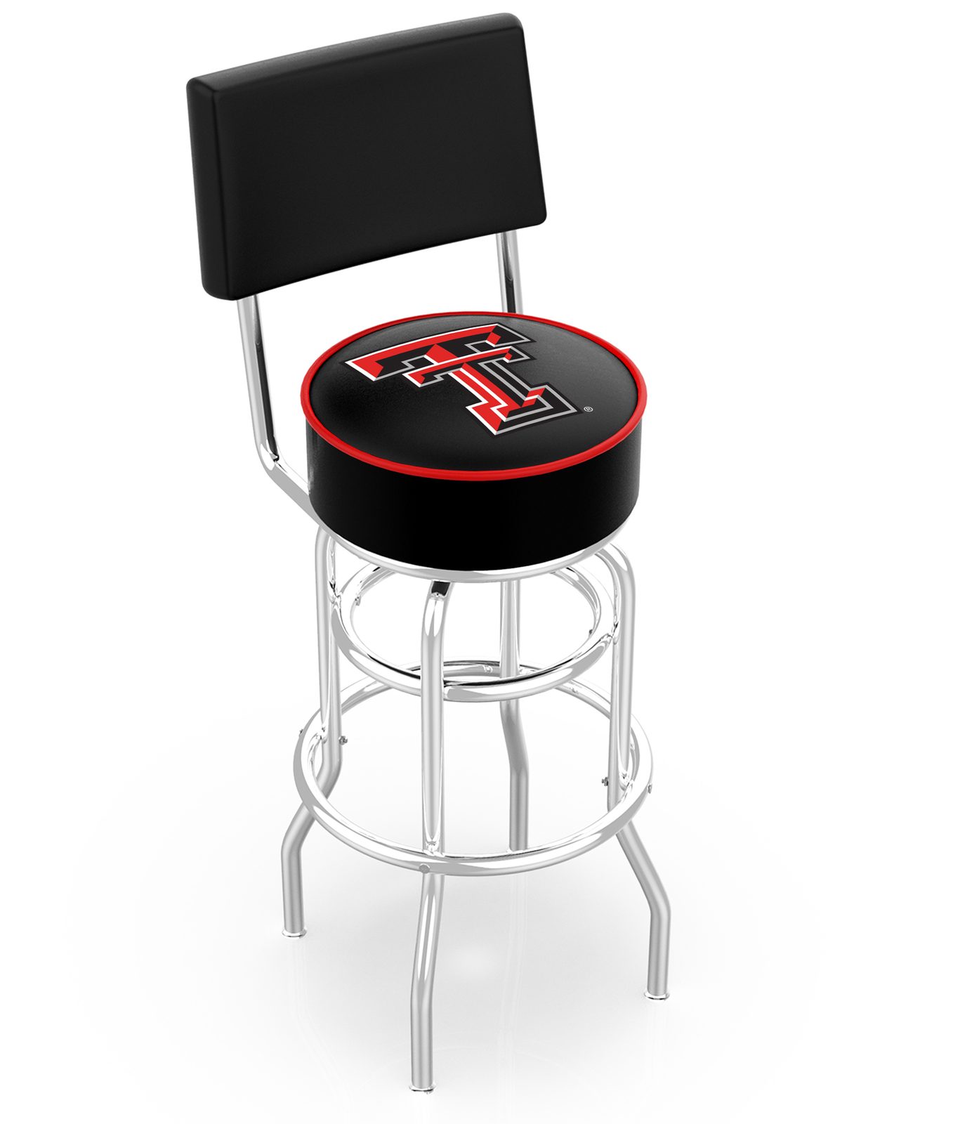 Texas Tech University 30-Inch Swivel Bar Stool w/ Chrome Finish, Double-Ring Base, Cushioned Back, 5-Inch Cushion Seat 1 Texas Tech University 30-Inch Swivel Bar Stool w/ Chrome Finish, Double-Ring Base, Cushioned Back, 5-Inch Cushion Seat