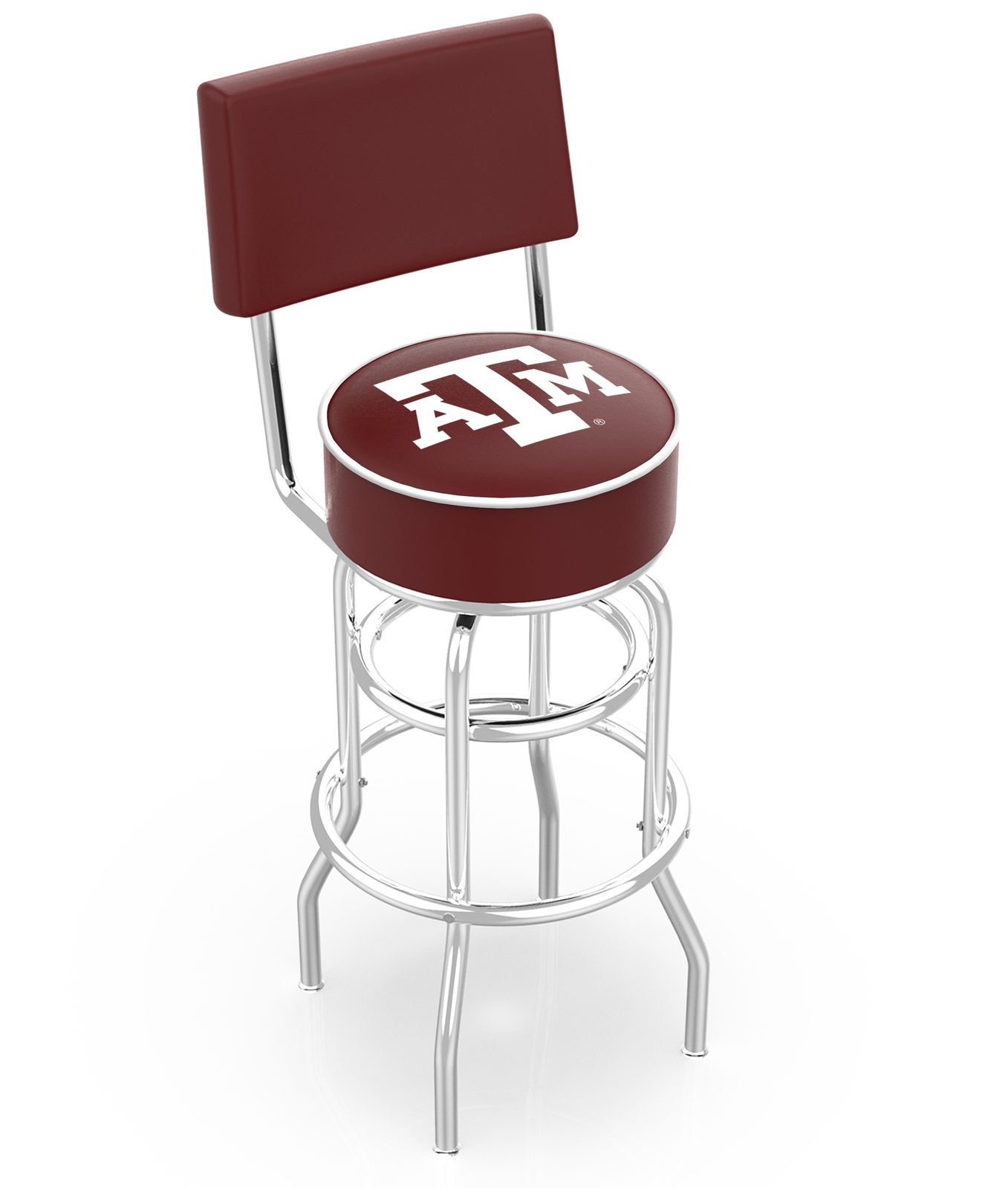 Texas A&M 25-Inch Swivel Counter Stool w/ Chrome Finish, Double-Ring Base, Cushioned Back, 5-Inch Cushion Seat 1 Texas A&M 25-Inch Swivel Counter Stool w/ Chrome Finish, Double-Ring Base, Cushioned Back, 5-Inch Cushion Seat