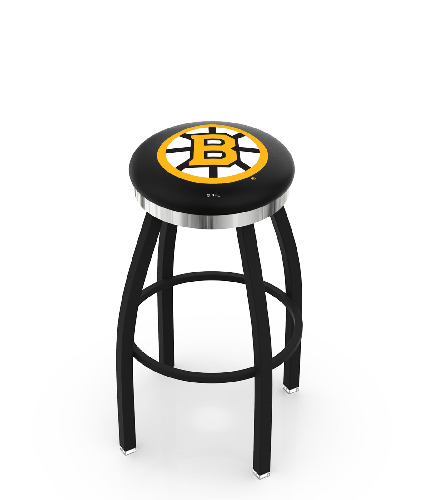 Boston Bruins 30-Inch Swivel Backless Bar Stool w/ Black Wrinkle Finish, Single-Ring Base, 2-Inch Chrome Ring, 2.5-Inch Cushion Seat 1 Boston Bruins 30-Inch Swivel Backless Bar Stool w/ Black Wrinkle Finish, Single-Ring Base, 2-Inch Chrome Ring, 2.5-Inch Cushion Seat