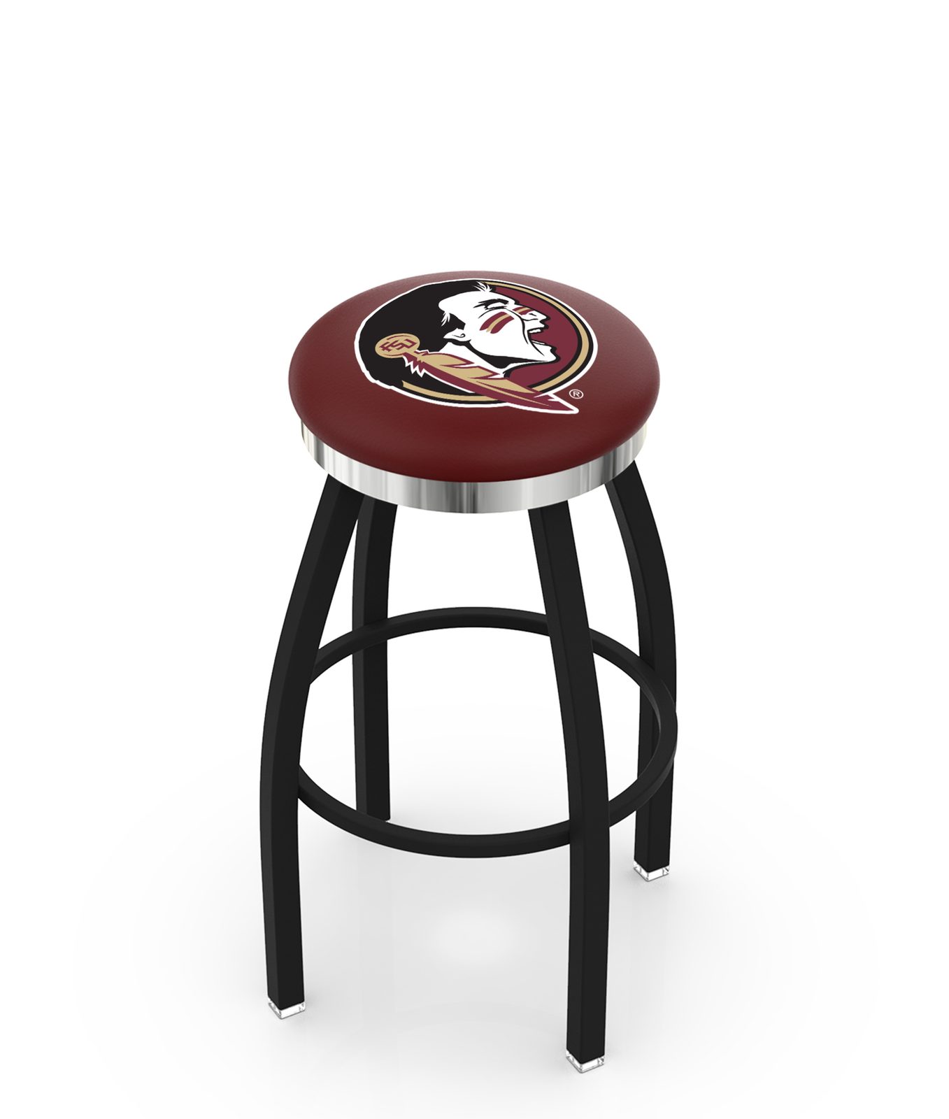 Florida State University 30-Inch Swivel Backless Bar Stool w/ Black Wrinkle Finish, Single-Ring Base, 2-Inch Chrome Ring, 2.5-Inch Cushion Seat (Head Logo) 1 Florida State University 30-Inch Swivel Backless Bar Stool w/ Black Wrinkle Finish, Single-Ring Base, 2-Inch Chrome Ring, 2.5-Inch Cushion Seat (Head Logo)