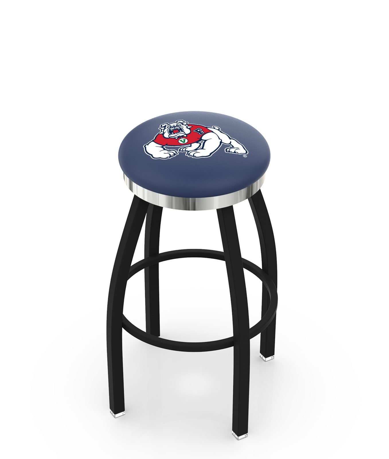 Fresno State University 30-Inch Swivel Backless Bar Stool w/ Black Wrinkle Finish, Single-Ring Base, 2-Inch Chrome Ring, 2.5-Inch Cushion Seat 1 Fresno State University 30-Inch Swivel Backless Bar Stool w/ Black Wrinkle Finish, Single-Ring Base, 2-Inch Chrome Ring, 2.5-Inch Cushion Seat