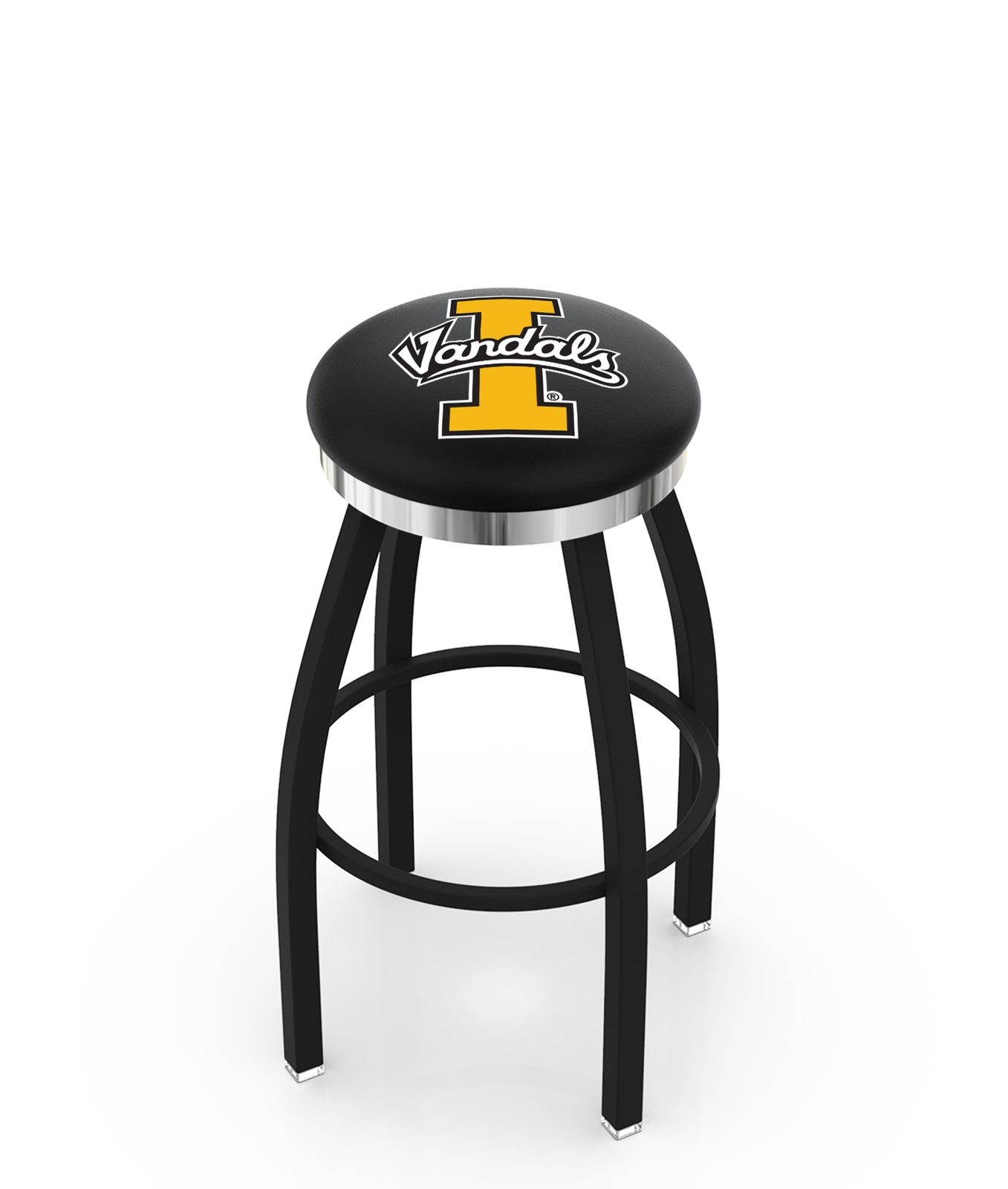 University of Idaho 30-Inch Swivel Backless Bar Stool w/ Black Wrinkle Finish, Single-Ring Base, 2-Inch Chrome Ring, 2.5-Inch Cushion Seat 1 University of Idaho 30-Inch Swivel Backless Bar Stool w/ Black Wrinkle Finish, Single-Ring Base, 2-Inch Chrome Ring, 2.5-Inch Cushion Seat