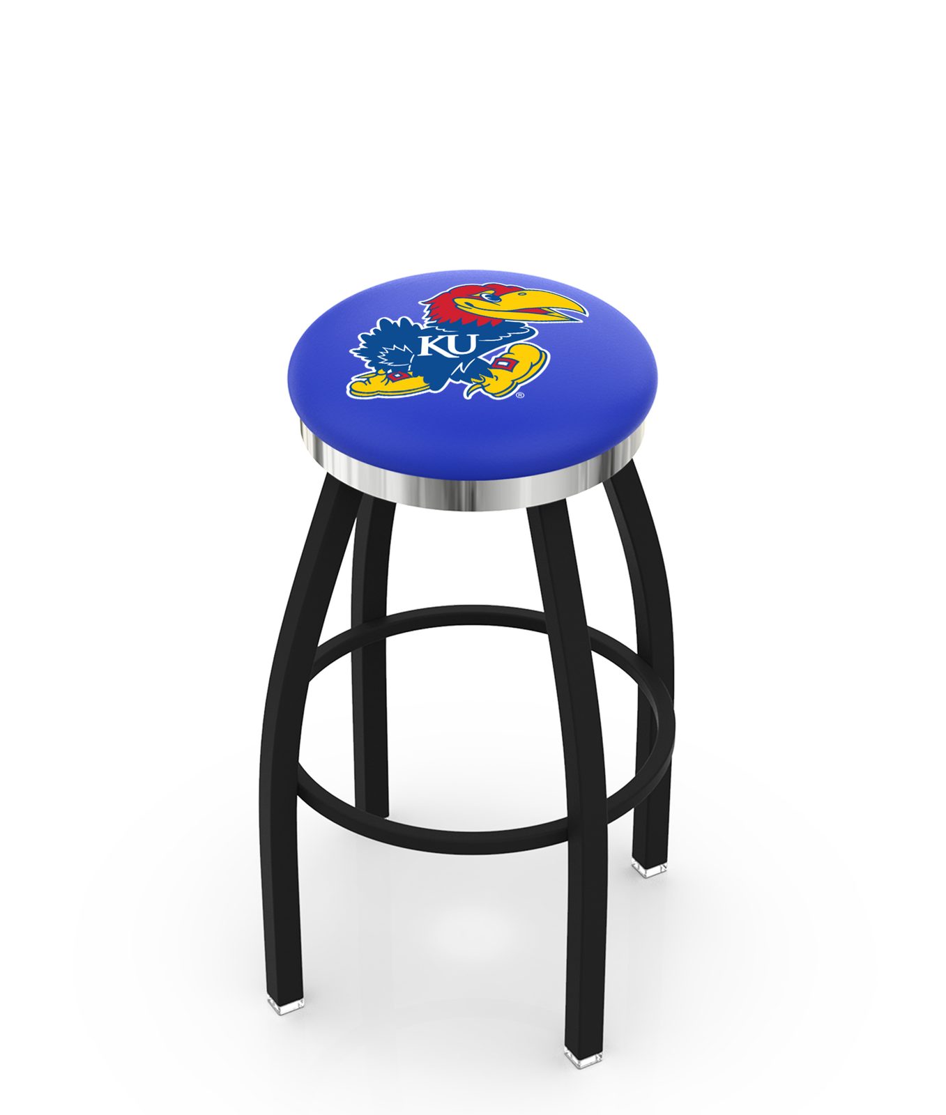 University of Kansas 36-Inch Swivel Backless Extra Tall Bar Stool w/ Black Wrinkle Finish, Single-Ring Base, 2-Inch Chrome Ring, 2.5-Inch Cushion Seat 1 University of Kansas 36-Inch Swivel Backless Extra Tall Bar Stool w/ Black Wrinkle Finish, Single-Ring Base, 2-Inch Chrome Ring, 2.5-Inch Cushion Seat