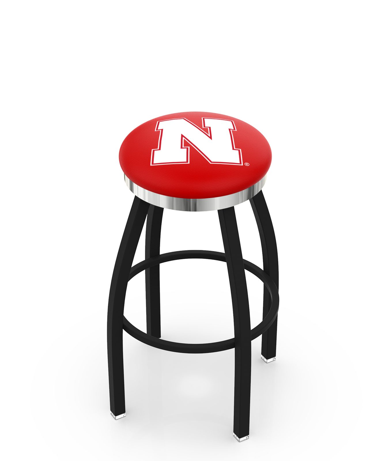 University of Nebraska 30-Inch Swivel Backless Bar Stool w/ Black Wrinkle Finish, Single-Ring Base, 2-Inch Chrome Ring, 2.5-Inch Cushion Seat 1 University of Nebraska 30-Inch Swivel Backless Bar Stool w/ Black Wrinkle Finish, Single-Ring Base, 2-Inch Chrome Ring, 2.5-Inch Cushion Seat
