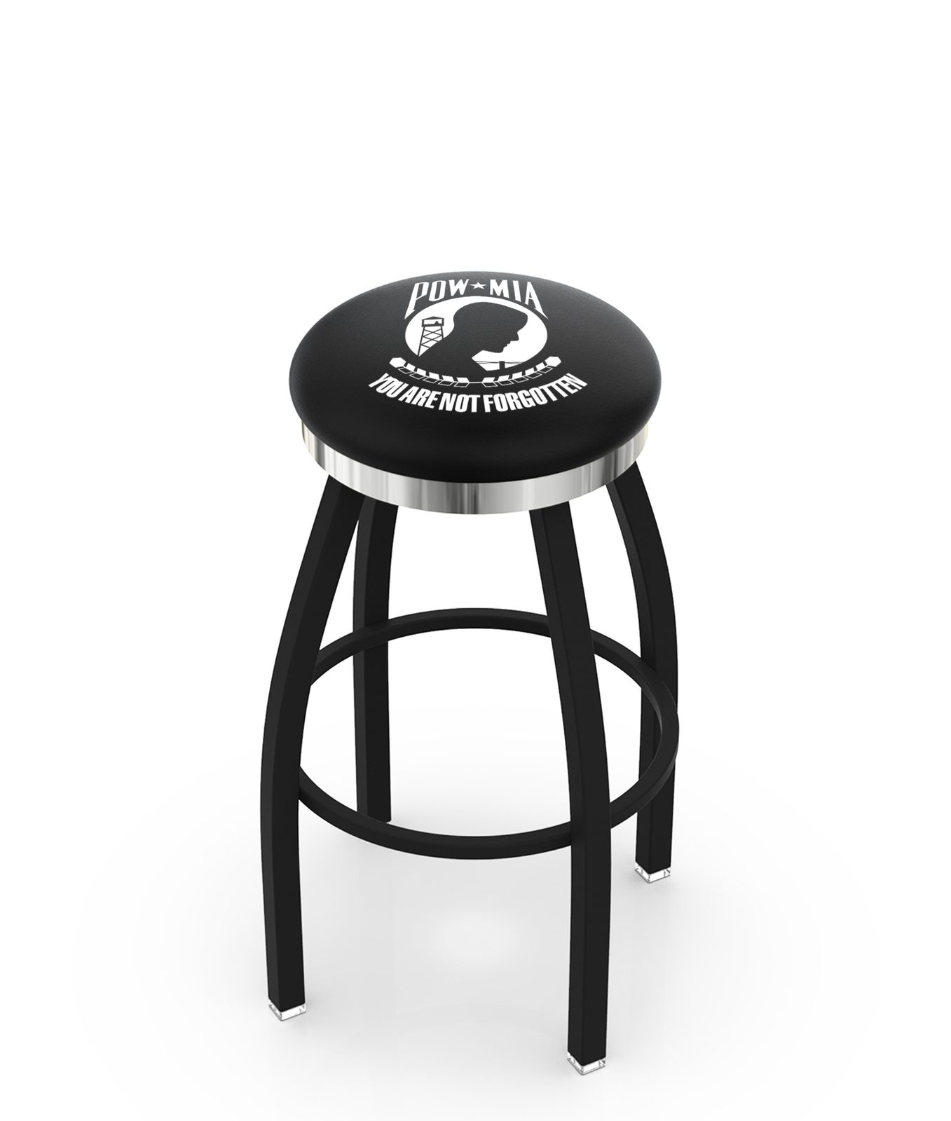 POW/MIA 30-Inch Swivel Backless Bar Stool w/ Black Wrinkle Finish, Single-Ring Base, 2-Inch Chrome Ring, 2.5-Inch Cushion Seat 1 POW/MIA 30-Inch Swivel Backless Bar Stool w/ Black Wrinkle Finish, Single-Ring Base, 2-Inch Chrome Ring, 2.5-Inch Cushion Seat