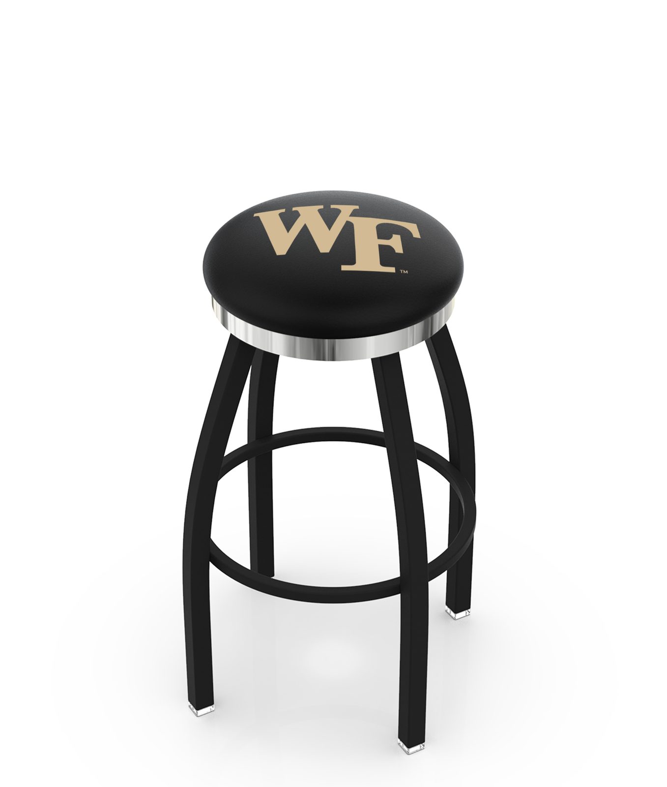 Wake Forest University 30-Inch Swivel Backless Bar Stool w/ Black Wrinkle Finish, Single-Ring Base, 2-Inch Chrome Ring, 2.5-Inch Cushion Seat 1 Wake Forest University 30-Inch Swivel Backless Bar Stool w/ Black Wrinkle Finish, Single-Ring Base, 2-Inch Chrome Ring, 2.5-Inch Cushion Seat