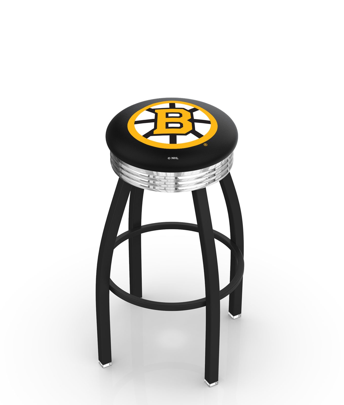 Boston Bruins 25-Inch Swivel Backless Counter Stool w/ Black Wrinkle Finish, Single-Ring Base, 2.75-Inch Chrome Ribbed Ring, 2.5-Inch Cushion Seat 1 Boston Bruins 25-Inch Swivel Backless Counter Stool w/ Black Wrinkle Finish, Single-Ring Base, 2.75-Inch Chrome Ribbed Ring, 2.5-Inch Cushion Seat