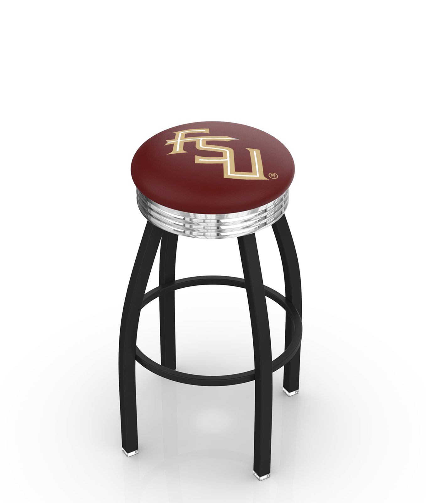 Florida State University 30-Inch Swivel Backless Bar Stool w/ Black Wrinkle Finish, Single-Ring Base, 2.75-Inch Chrome Ribbed Ring, 2.5-Inch Cushion Seat (Script Logo) 1 Florida State University 30-Inch Swivel Backless Bar Stool w/ Black Wrinkle Finish, Single-Ring Base, 2.75-Inch Chrome Ribbed Ring, 2.5-Inch Cushion Seat (Script Logo)
