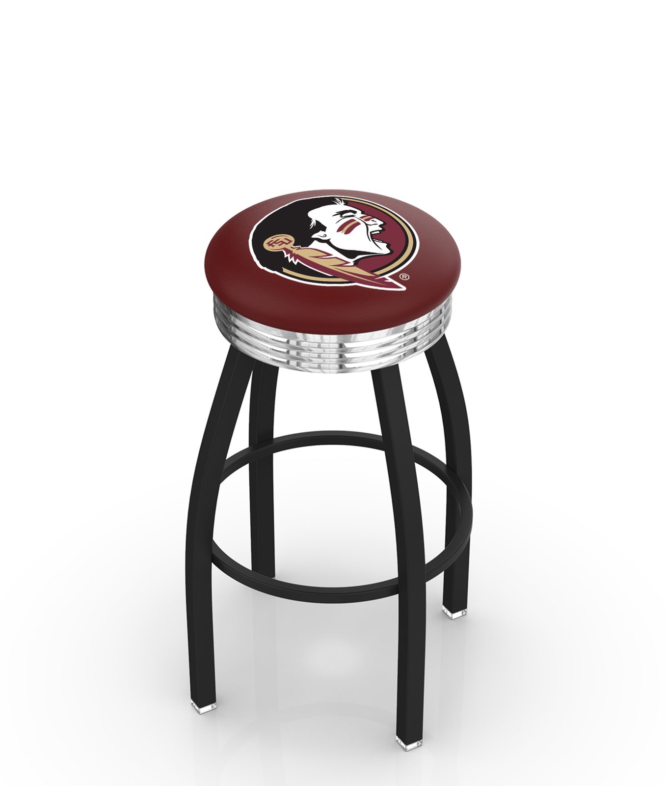 Florida State University 30-Inch Swivel Backless Bar Stool w/ Black Wrinkle Finish, Single-Ring Base, 2.75-Inch Chrome Ribbed Ring, 2.5-Inch Cushion Seat (Head Logo) 1 Florida State University 30-Inch Swivel Backless Bar Stool w/ Black Wrinkle Finish, Single-Ring Base, 2.75-Inch Chrome Ribbed Ring, 2.5-Inch Cushion Seat (Head Logo)