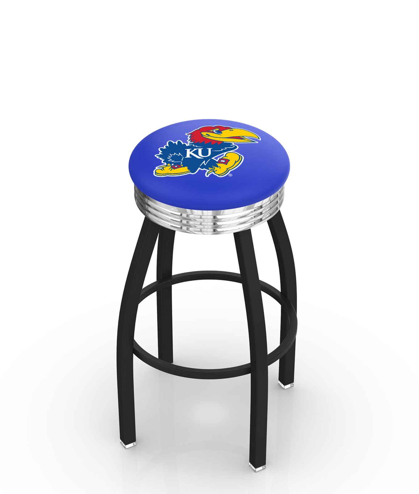 University of Kansas 25-Inch Swivel Backless Counter Stool w/ Black Wrinkle Finish, Single-Ring Base, 2.75-Inch Chrome Ribbed Ring, 2.5-Inch Cushion Seat 1 University of Kansas 25-Inch Swivel Backless Counter Stool w/ Black Wrinkle Finish, Single-Ring Base, 2.75-Inch Chrome Ribbed Ring, 2.5-Inch Cushion Seat