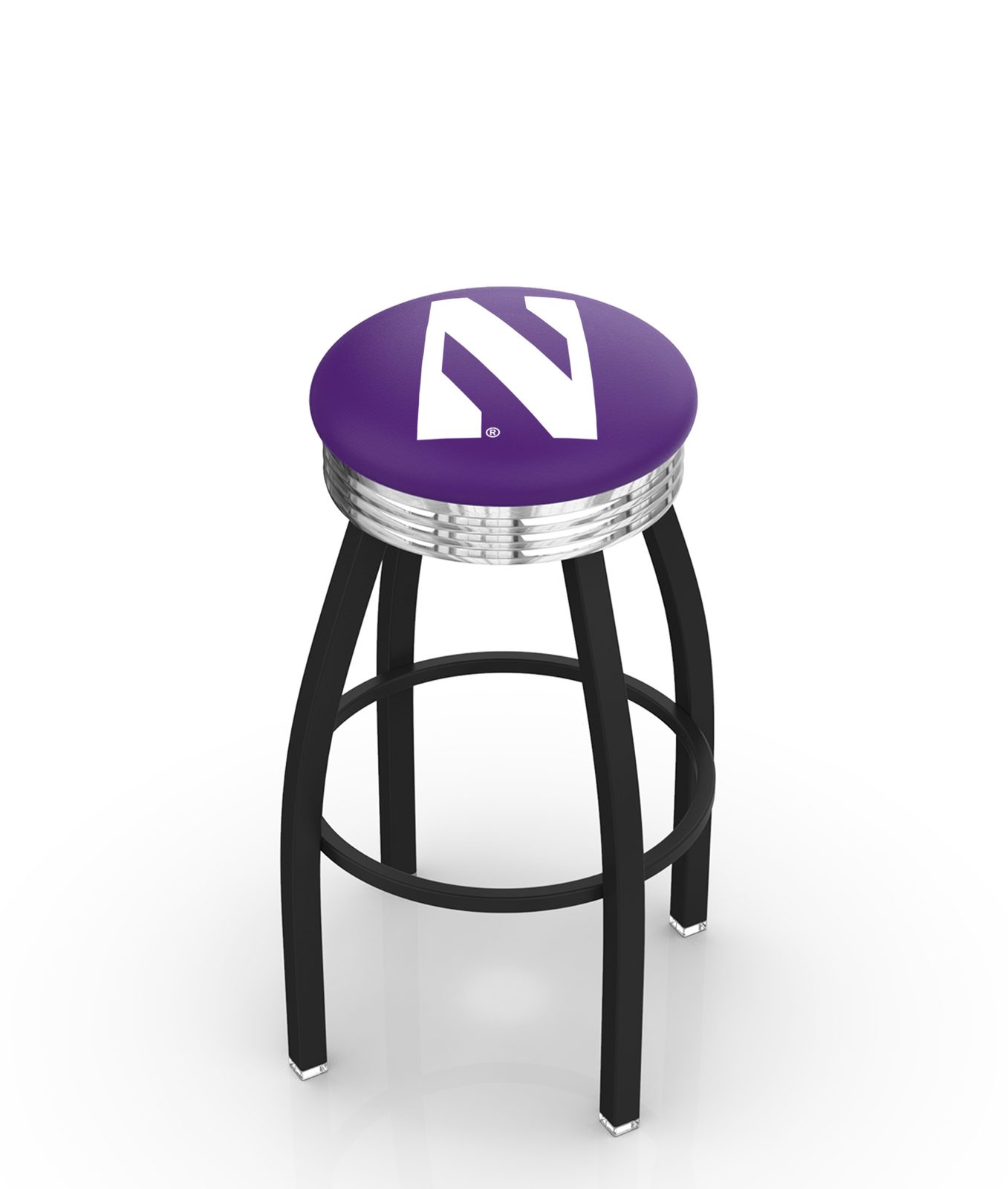 Northwestern University 30-Inch Swivel Backless Bar Stool w/ Black Wrinkle Finish, Single-Ring Base, 2.75-Inch Chrome Ribbed Ring, 2.5-Inch Cushion Seat 1 Northwestern University 30-Inch Swivel Backless Bar Stool w/ Black Wrinkle Finish, Single-Ring Base, 2.75-Inch Chrome Ribbed Ring, 2.5-Inch Cushion Seat