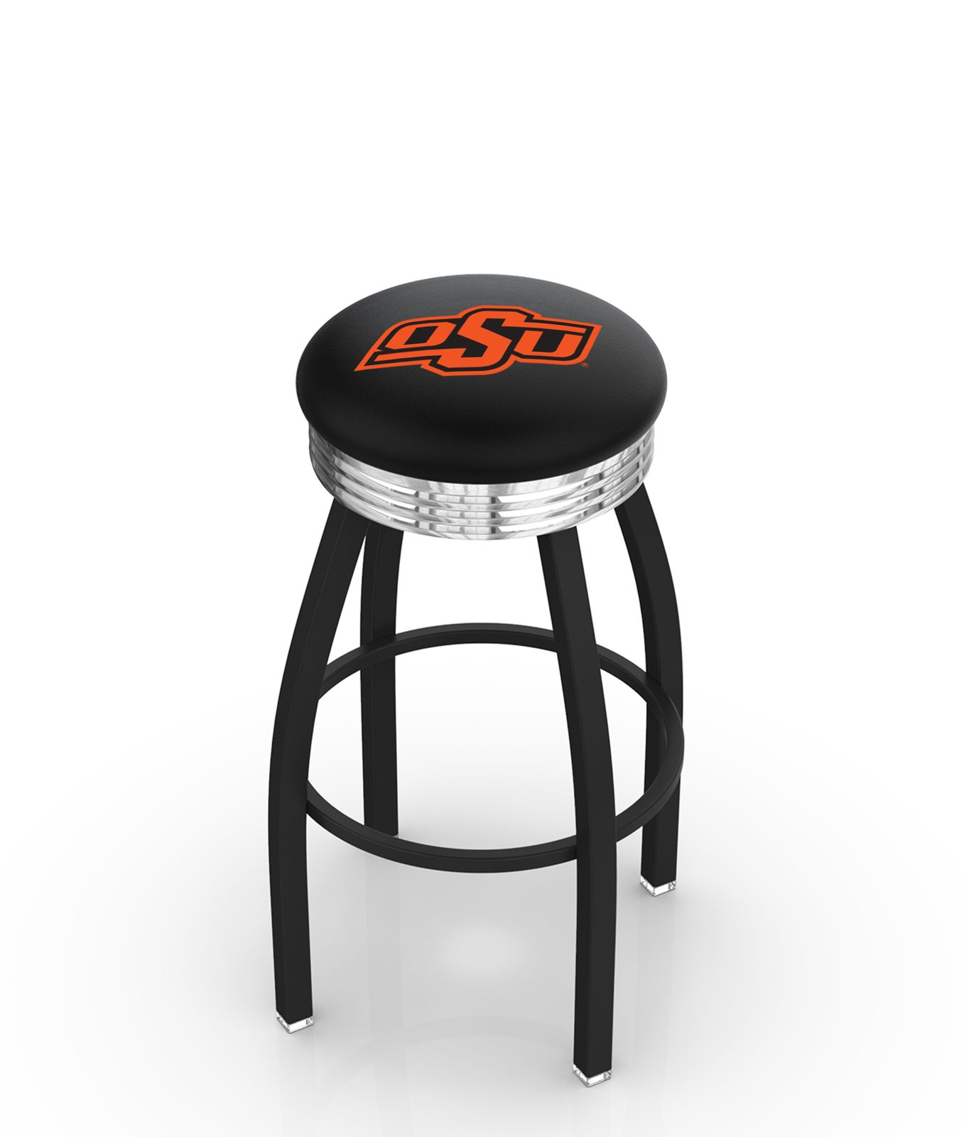 Oklahoma State University 30-Inch Swivel Backless Bar Stool w/ Black Wrinkle Finish, Single-Ring Base, 2.75-Inch Chrome Ribbed Ring, 2.5-Inch Cushion Seat 1 Oklahoma State University 30-Inch Swivel Backless Bar Stool w/ Black Wrinkle Finish, Single-Ring Base, 2.75-Inch Chrome Ribbed Ring, 2.5-Inch Cushion Seat