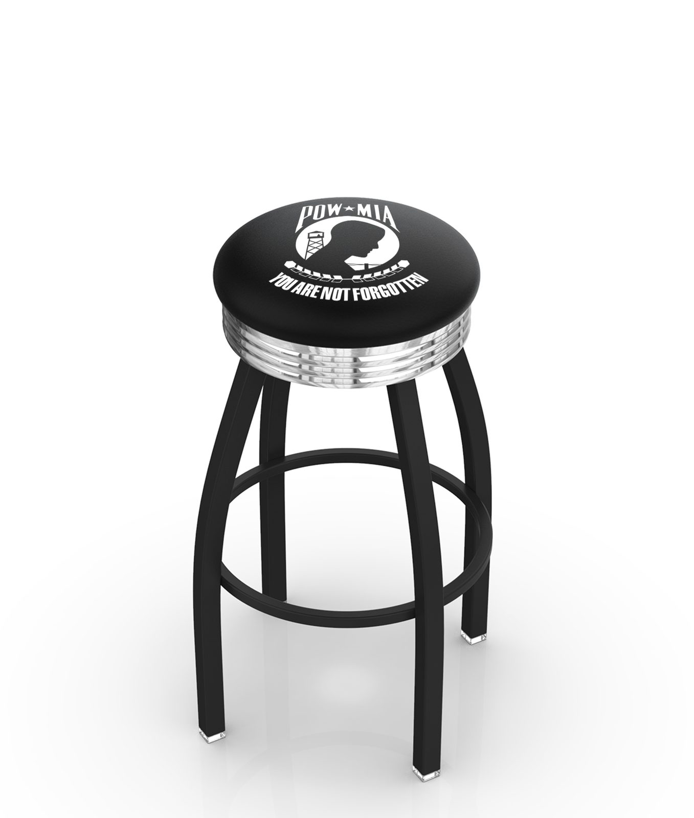 POW/MIA 30-Inch Swivel Backless Bar Stool w/ Black Wrinkle Finish, Single-Ring Base, 2.75-Inch Chrome Ribbed Ring, 2.5-Inch Cushion Seat 1 POW/MIA 30-Inch Swivel Backless Bar Stool w/ Black Wrinkle Finish, Single-Ring Base, 2.75-Inch Chrome Ribbed Ring, 2.5-Inch Cushion Seat