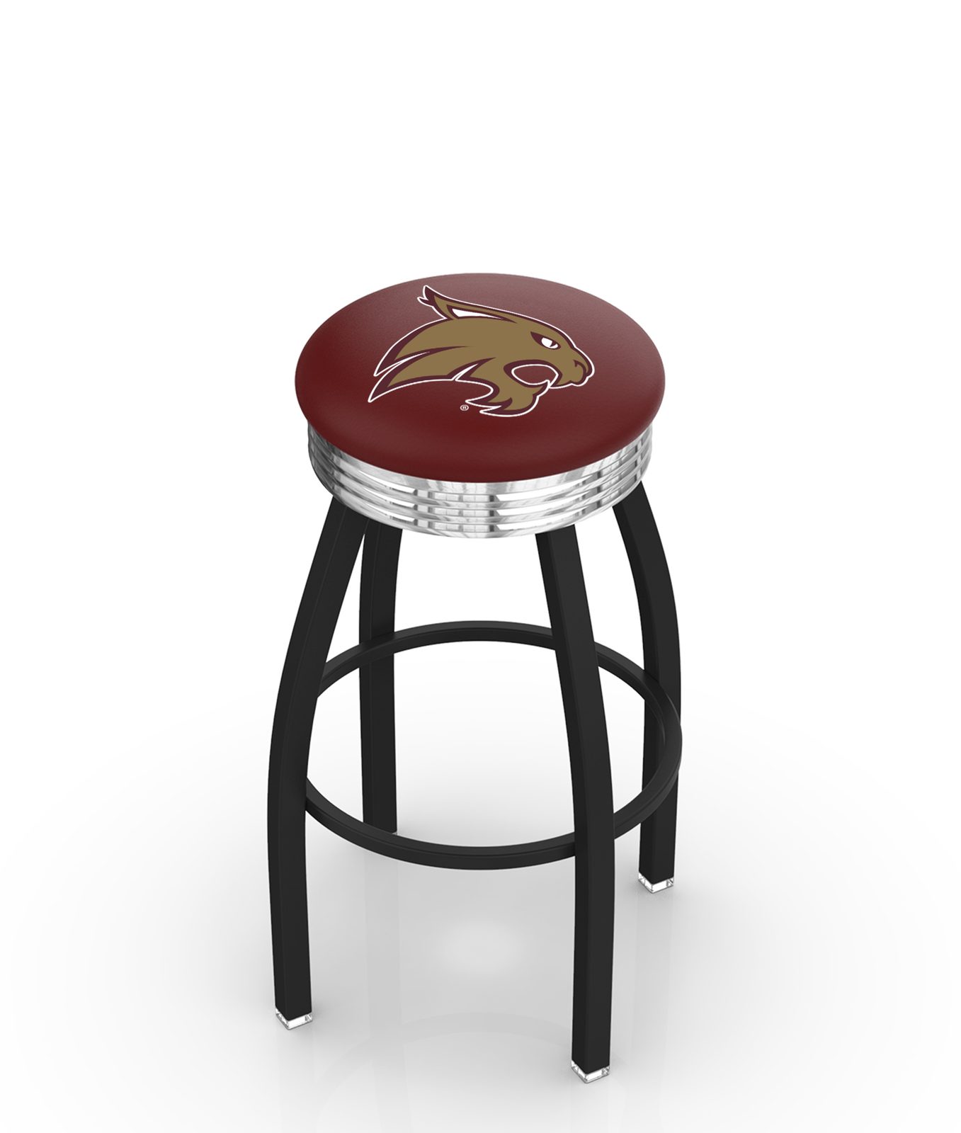 Texas State University 25-Inch Swivel Backless Counter Stool w/ Black Wrinkle Finish, Single-Ring Base, 2.75-Inch Chrome Ribbed Ring, 2.5-Inch Cushion Seat 1 Texas State University 25-Inch Swivel Backless Counter Stool w/ Black Wrinkle Finish, Single-Ring Base, 2.75-Inch Chrome Ribbed Ring, 2.5-Inch Cushion Seat