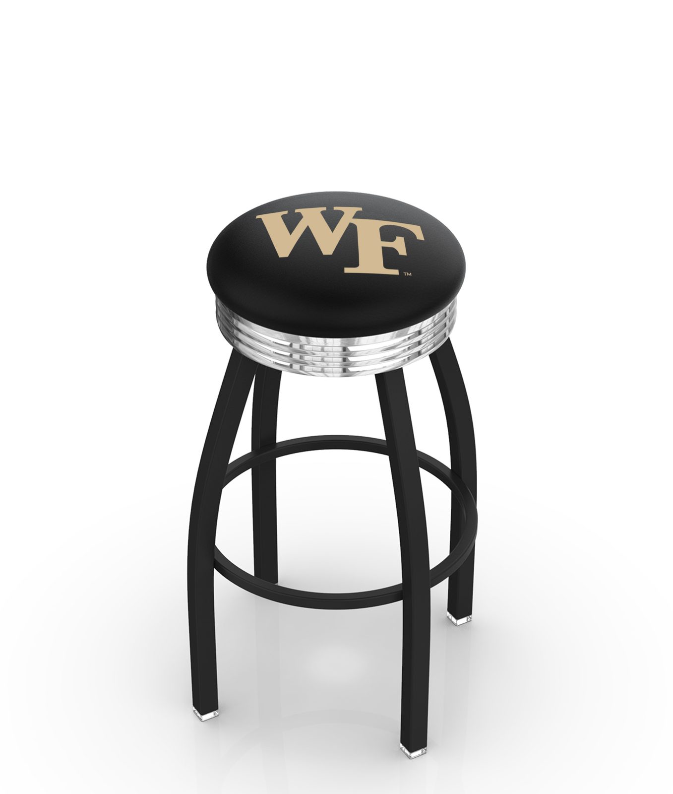 Wake Forest University 30-Inch Swivel Backless Bar Stool w/ Black Wrinkle Finish, Single-Ring Base, 2.75-Inch Chrome Ribbed Ring, 2.5-Inch Cushion Seat 1 Wake Forest University 30-Inch Swivel Backless Bar Stool w/ Black Wrinkle Finish, Single-Ring Base, 2.75-Inch Chrome Ribbed Ring, 2.5-Inch Cushion Seat