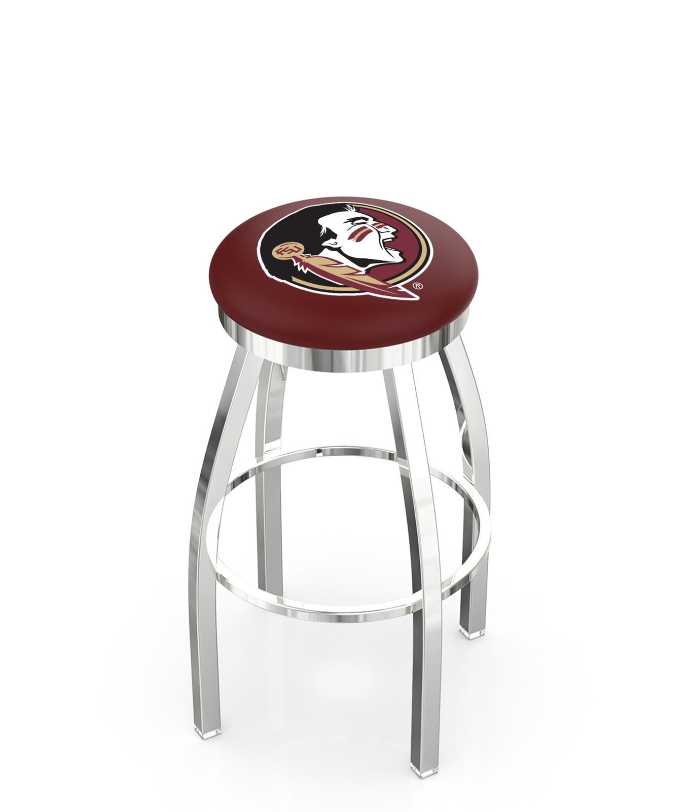 Florida State University 25-Inch Swivel Backless Counter Stool w/ Chrome Finish, Single-Ring Base, 2-Inch Chrome Ring, 2.5-Inch Cushion Seat (Head Logo) 1 Florida State University 25-Inch Swivel Backless Counter Stool w/ Chrome Finish, Single-Ring Base, 2-Inch Chrome Ring, 2.5-Inch Cushion Seat (Head Logo)