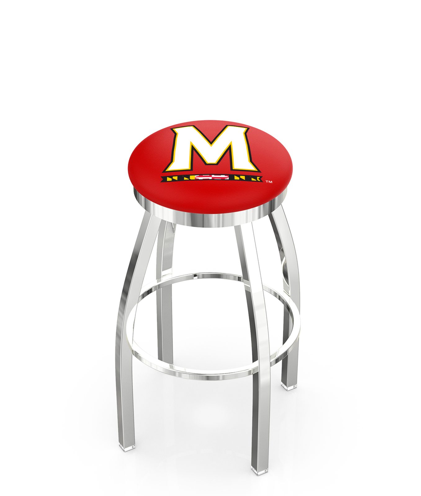 University of Maryland 30-Inch Swivel Backless Bar Stool w/ Chrome Finish, Single-Ring Base, 2-Inch Chrome Ring, 2.5-Inch Cushion Seat 1 University of Maryland 30-Inch Swivel Backless Bar Stool w/ Chrome Finish, Single-Ring Base, 2-Inch Chrome Ring, 2.5-Inch Cushion Seat