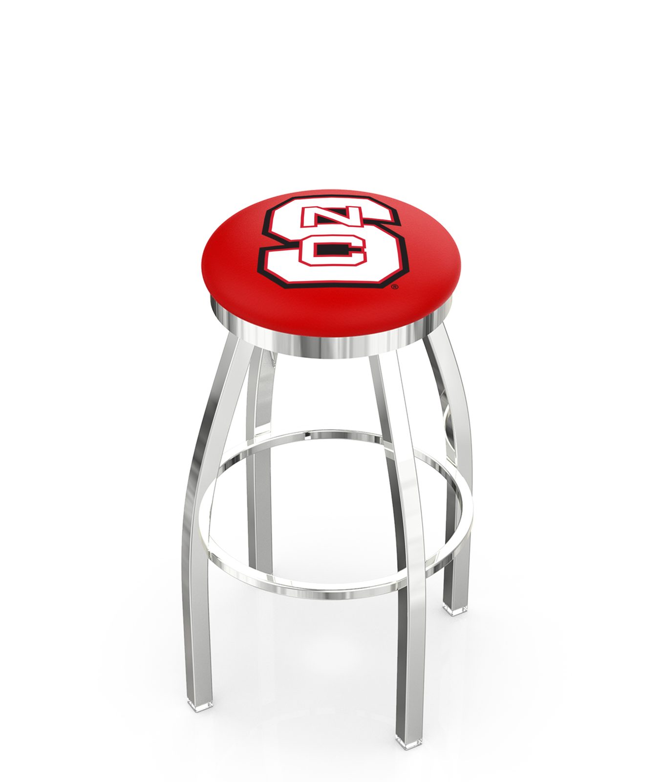 North Carolina State University 30-Inch Swivel Backless Bar Stool w/ Chrome Finish, Single-Ring Base, 2-Inch Chrome Ring, 2.5-Inch Cushion Seat 1 North Carolina State University 30-Inch Swivel Backless Bar Stool w/ Chrome Finish, Single-Ring Base, 2-Inch Chrome Ring, 2.5-Inch Cushion Seat