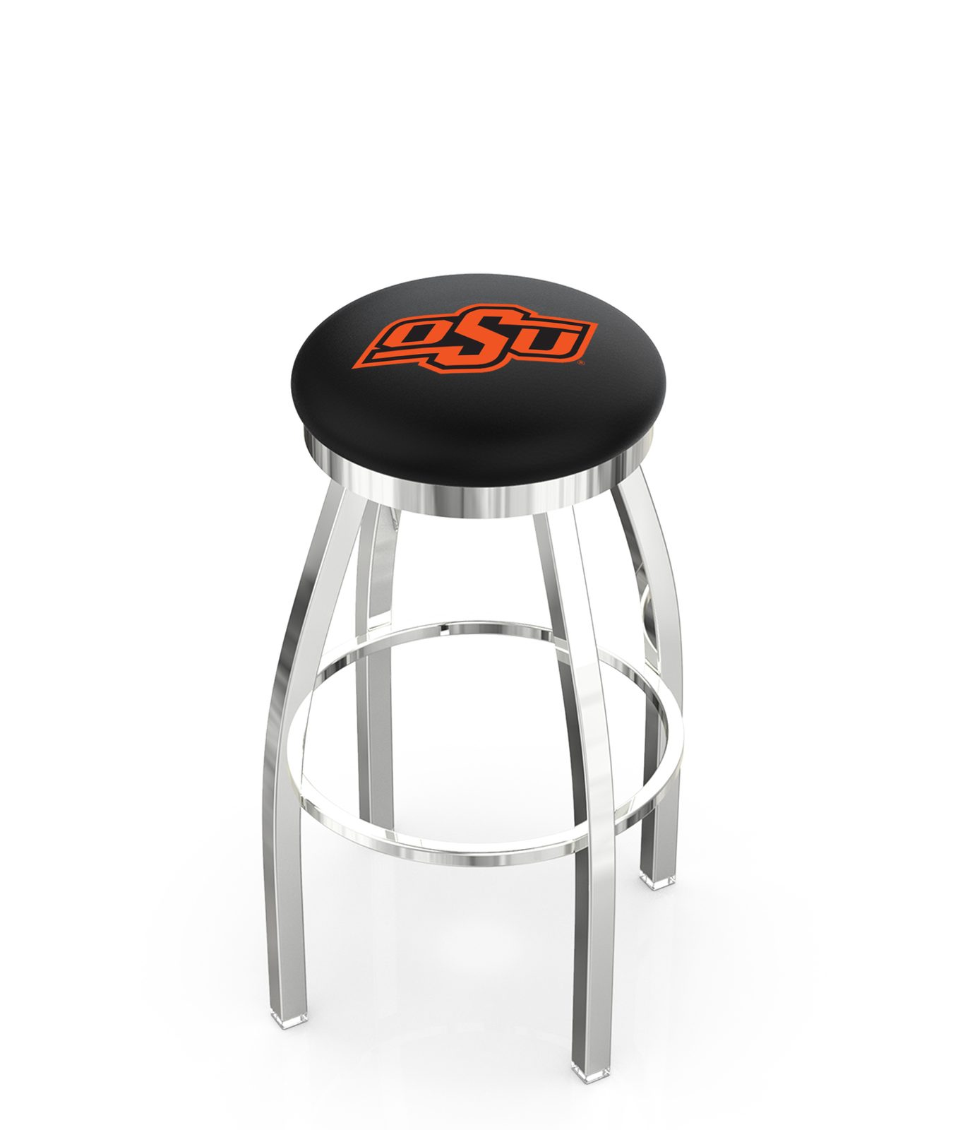 Oklahoma State University 30-Inch Swivel Backless Bar Stool w/ Chrome Finish, Single-Ring Base, 2-Inch Chrome Ring, 2.5-Inch Cushion Seat 1 Oklahoma State University 30-Inch Swivel Backless Bar Stool w/ Chrome Finish, Single-Ring Base, 2-Inch Chrome Ring, 2.5-Inch Cushion Seat