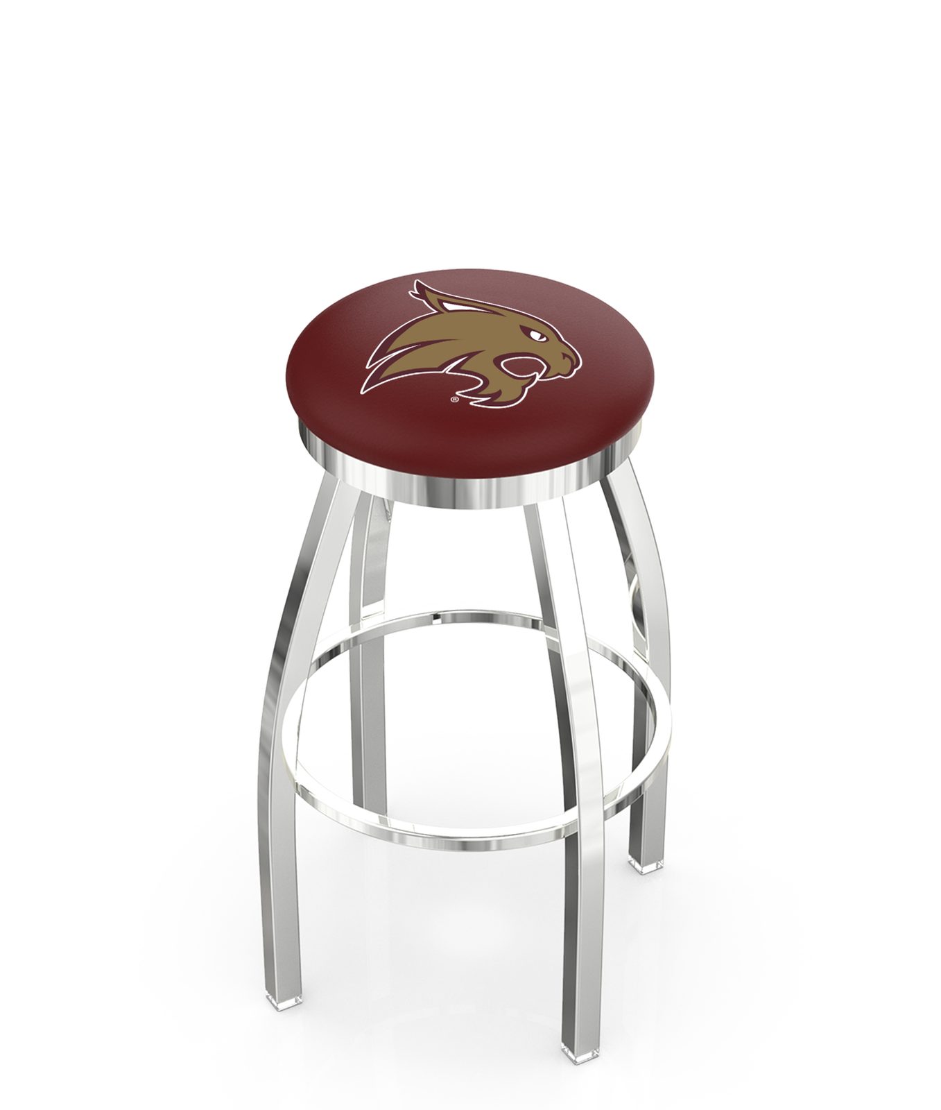 Texas State University 30-Inch Swivel Backless Bar Stool w/ Chrome Finish, Single-Ring Base, 2-Inch Chrome Ring, 2.5-Inch Cushion Seat 1 Texas State University 30-Inch Swivel Backless Bar Stool w/ Chrome Finish, Single-Ring Base, 2-Inch Chrome Ring, 2.5-Inch Cushion Seat