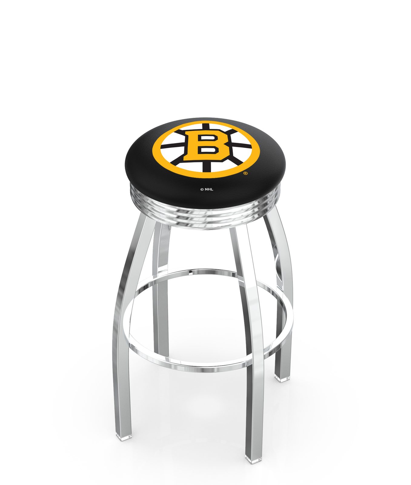 Boston Bruins 25-Inch Swivel Backless Counter Stool w/ Chrome Finish, Single-Ring Base, 2.75-Inch Chrome Ribbed Ring, 2.5-Inch Cushion Seat 1 Boston Bruins 25-Inch Swivel Backless Counter Stool w/ Chrome Finish, Single-Ring Base, 2.75-Inch Chrome Ribbed Ring, 2.5-Inch Cushion Seat