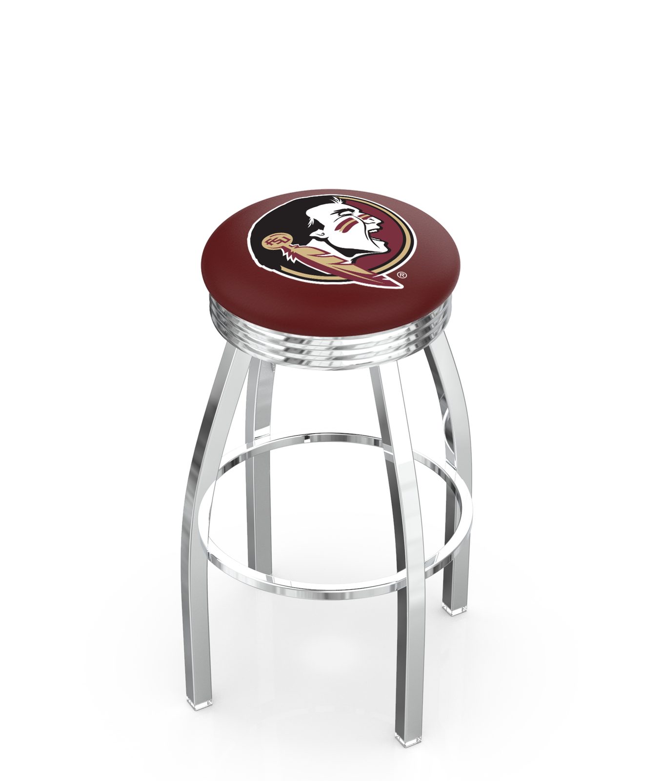 Florida State University 25-Inch Swivel Backless Counter Stool w/ Chrome Finish, Single-Ring Base, 2.75-Inch Chrome Ribbed Ring, 2.5-Inch Cushion Seat (Head Logo) 1 Florida State University 25-Inch Swivel Backless Counter Stool w/ Chrome Finish, Single-Ring Base, 2.75-Inch Chrome Ribbed Ring, 2.5-Inch Cushion Seat (Head Logo)
