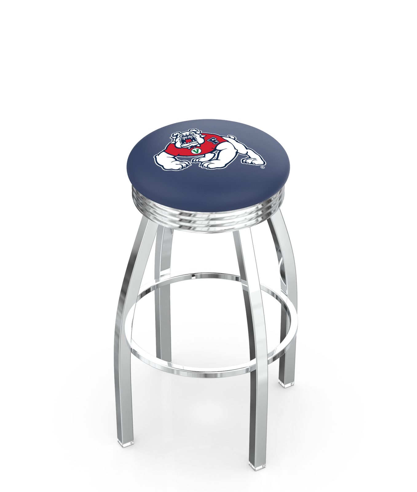 Fresno State University 25-Inch Swivel Backless Counter Stool w/ Chrome Finish, Single-Ring Base, 2.75-Inch Chrome Ribbed Ring, 2.5-Inch Cushion Seat 1 Fresno State University 25-Inch Swivel Backless Counter Stool w/ Chrome Finish, Single-Ring Base, 2.75-Inch Chrome Ribbed Ring, 2.5-Inch Cushion Seat