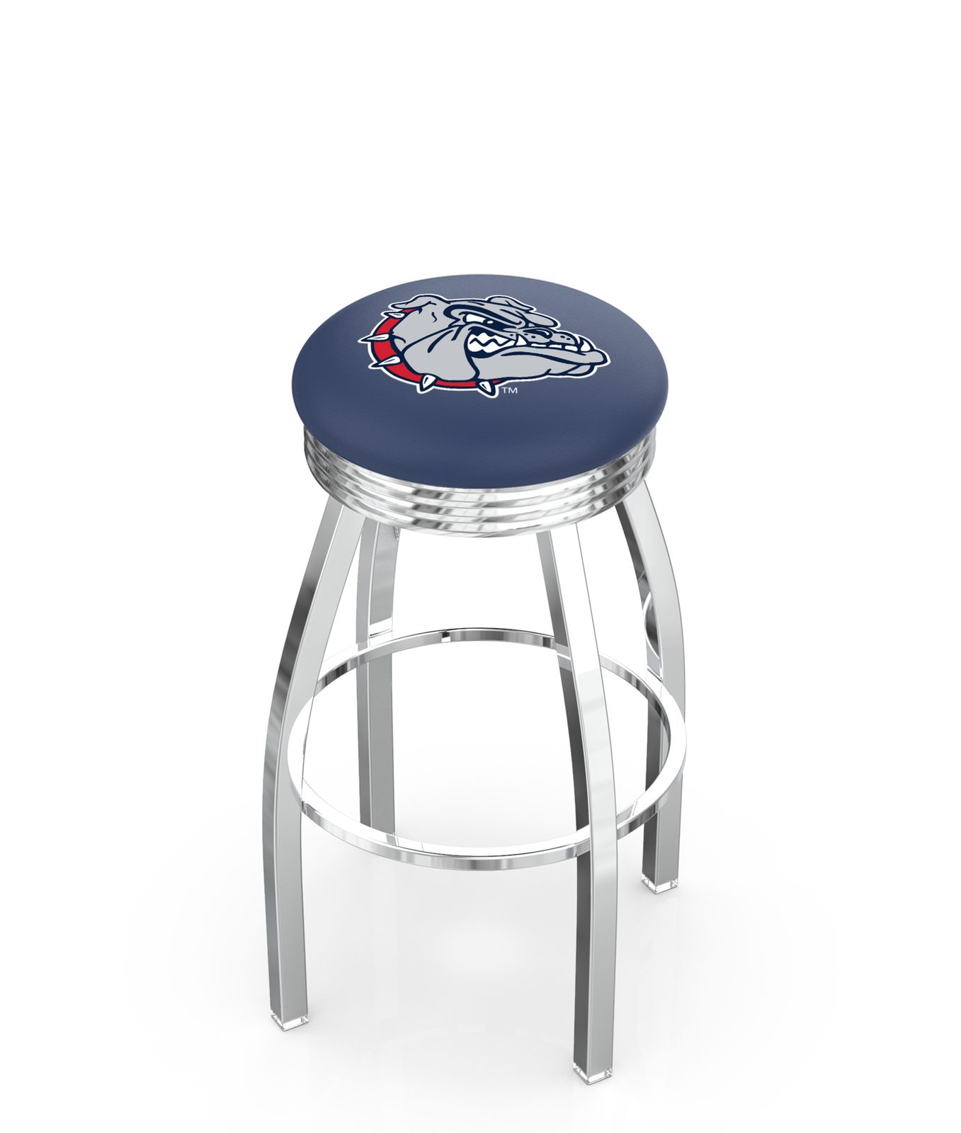 Gonzaga University 30-Inch Swivel Backless Bar Stool w/ Chrome Finish, Single-Ring Base, 2.75-Inch Chrome Ribbed Ring, 2.5-Inch Cushion Seat 1 Gonzaga University 30-Inch Swivel Backless Bar Stool w/ Chrome Finish, Single-Ring Base, 2.75-Inch Chrome Ribbed Ring, 2.5-Inch Cushion Seat