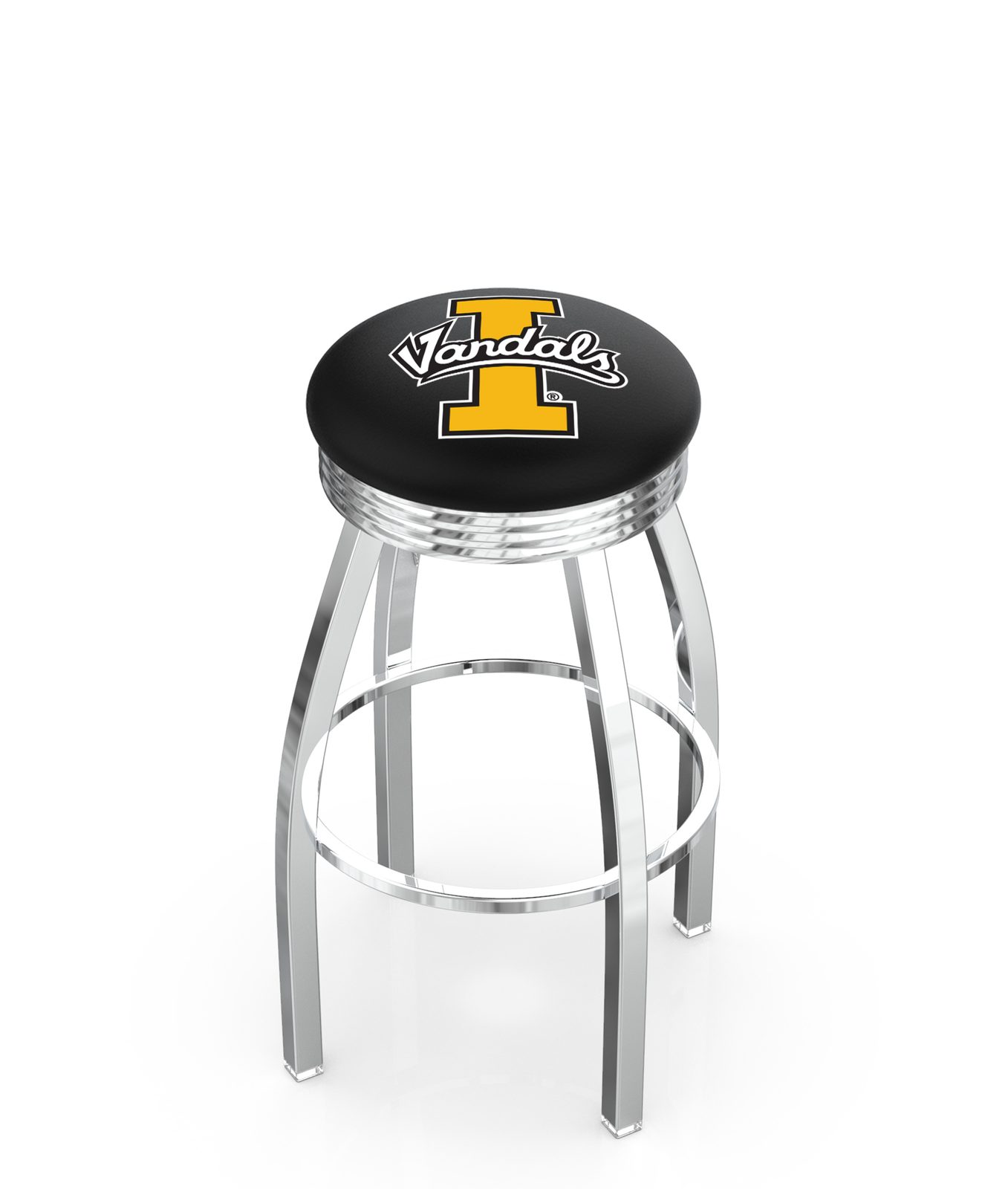 University of Idaho 25-Inch Swivel Backless Counter Stool w/ Chrome Finish, Single-Ring Base, 2.75-Inch Chrome Ribbed Ring, 2.5-Inch Cushion Seat 1 University of Idaho 25-Inch Swivel Backless Counter Stool w/ Chrome Finish, Single-Ring Base, 2.75-Inch Chrome Ribbed Ring, 2.5-Inch Cushion Seat