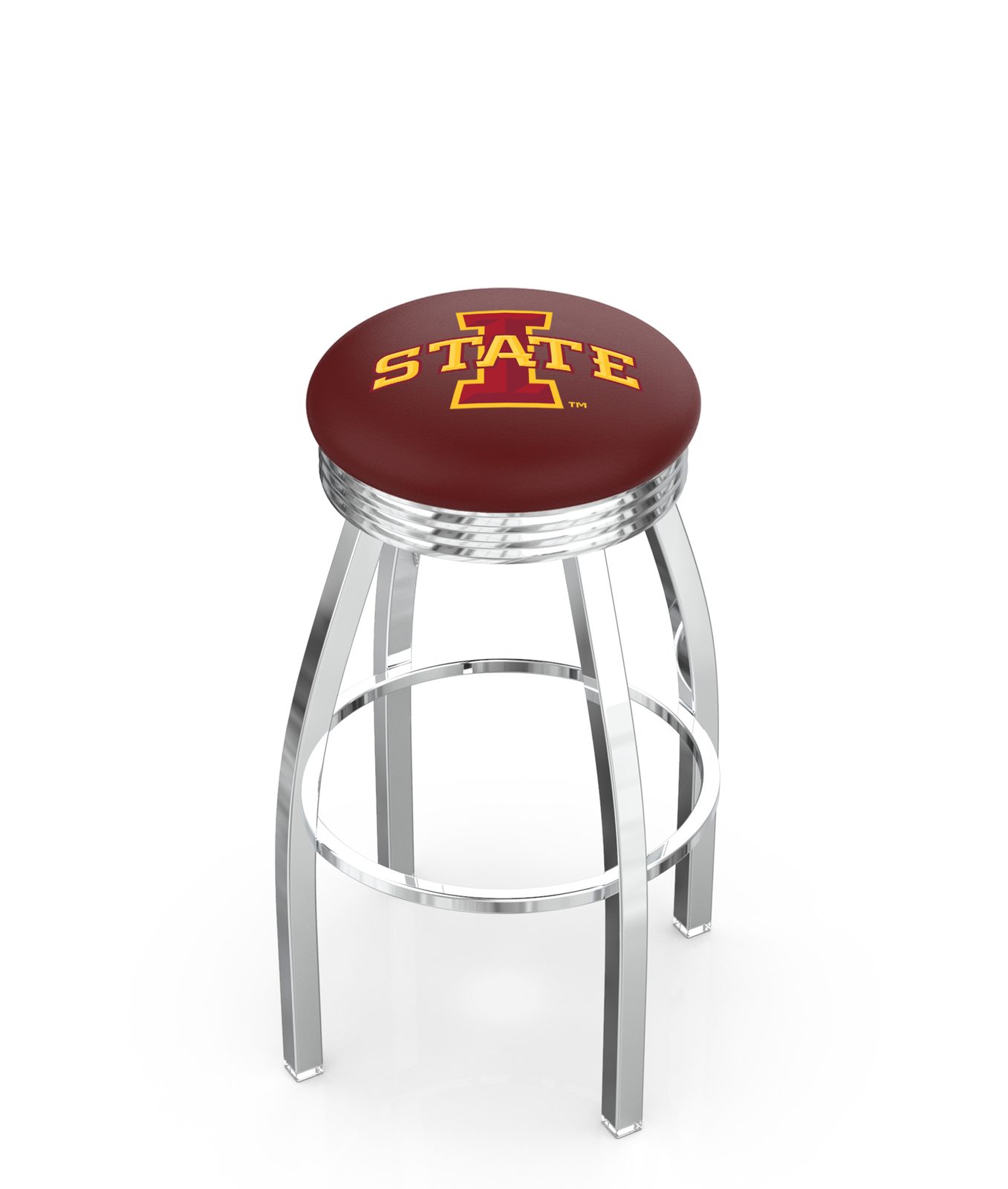 Iowa State University 25-Inch Swivel Backless Counter Stool w/ Chrome Finish, Single-Ring Base, 2.75-Inch Chrome Ribbed Ring, 2.5-Inch Cushion Seat 1 Iowa State University 25-Inch Swivel Backless Counter Stool w/ Chrome Finish, Single-Ring Base, 2.75-Inch Chrome Ribbed Ring, 2.5-Inch Cushion Seat