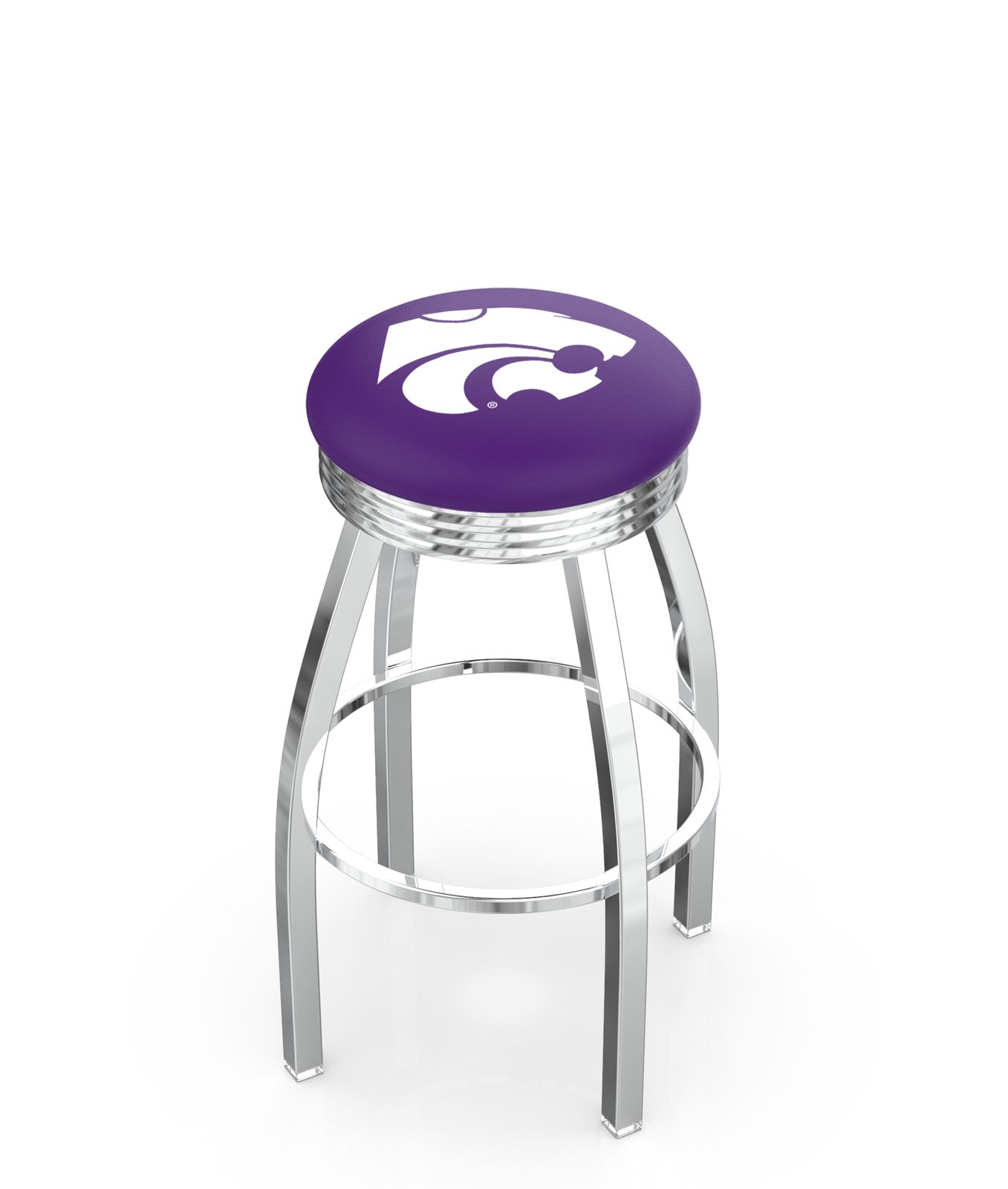 Kansas State University 25-Inch Swivel Backless Counter Stool w/ Chrome Finish, Single-Ring Base, 2.75-Inch Chrome Ribbed Ring, 2.5-Inch Cushion Seat 1 Kansas State University 25-Inch Swivel Backless Counter Stool w/ Chrome Finish, Single-Ring Base, 2.75-Inch Chrome Ribbed Ring, 2.5-Inch Cushion Seat