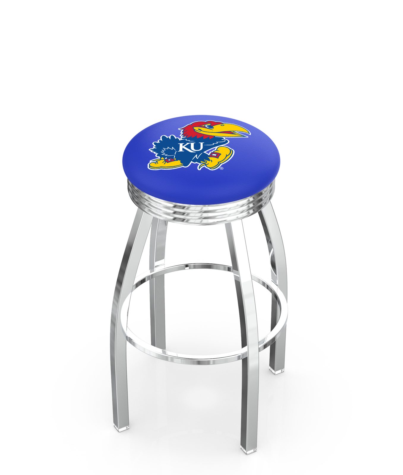 University of Kansas 30-Inch Swivel Backless Bar Stool w/ Chrome Finish, Single-Ring Base, 2.75-Inch Chrome Ribbed Ring, 2.5-Inch Cushion Seat 1 University of Kansas 30-Inch Swivel Backless Bar Stool w/ Chrome Finish, Single-Ring Base, 2.75-Inch Chrome Ribbed Ring, 2.5-Inch Cushion Seat