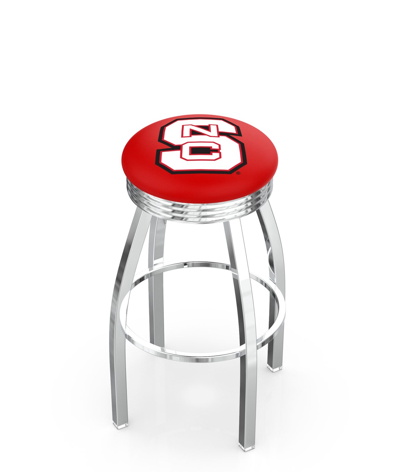 North Carolina State University 30-Inch Swivel Backless Bar Stool w/ Chrome Finish, Single-Ring Base, 2.75-Inch Chrome Ribbed Ring, 2.5-Inch Cushion Seat 1 North Carolina State University 30-Inch Swivel Backless Bar Stool w/ Chrome Finish, Single-Ring Base, 2.75-Inch Chrome Ribbed Ring, 2.5-Inch Cushion Seat