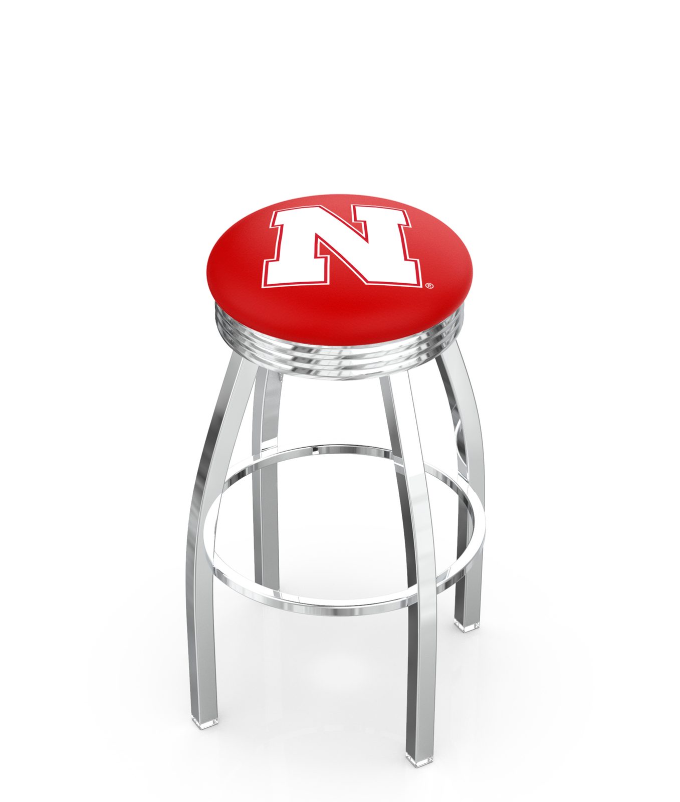 University of Nebraska 25-Inch Swivel Backless Counter Stool w/ Chrome Finish, Single-Ring Base, 2.75-Inch Chrome Ribbed Ring, 2.5-Inch Cushion Seat 1 University of Nebraska 25-Inch Swivel Backless Counter Stool w/ Chrome Finish, Single-Ring Base, 2.75-Inch Chrome Ribbed Ring, 2.5-Inch Cushion Seat