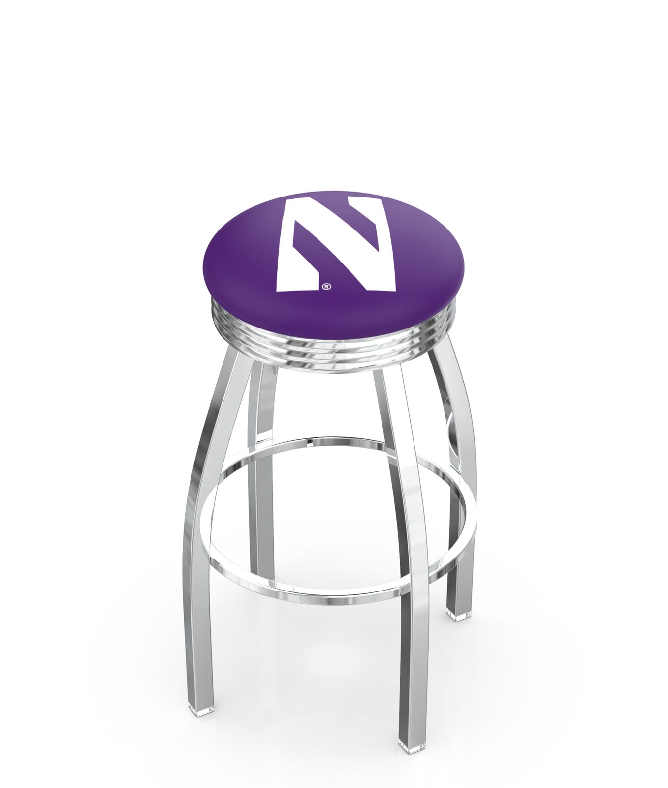 Northwestern University 25-Inch Swivel Backless Counter Stool w/ Chrome Finish, Single-Ring Base, 2.75-Inch Chrome Ribbed Ring, 2.5-Inch Cushion Seat 1 Northwestern University 25-Inch Swivel Backless Counter Stool w/ Chrome Finish, Single-Ring Base, 2.75-Inch Chrome Ribbed Ring, 2.5-Inch Cushion Seat