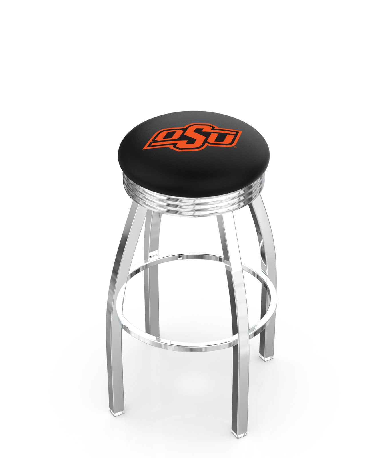 Oklahoma State University 25-Inch Swivel Backless Counter Stool w/ Chrome Finish, Single-Ring Base, 2.75-Inch Chrome Ribbed Ring, 2.5-Inch Cushion Seat 1 Oklahoma State University 25-Inch Swivel Backless Counter Stool w/ Chrome Finish, Single-Ring Base, 2.75-Inch Chrome Ribbed Ring, 2.5-Inch Cushion Seat
