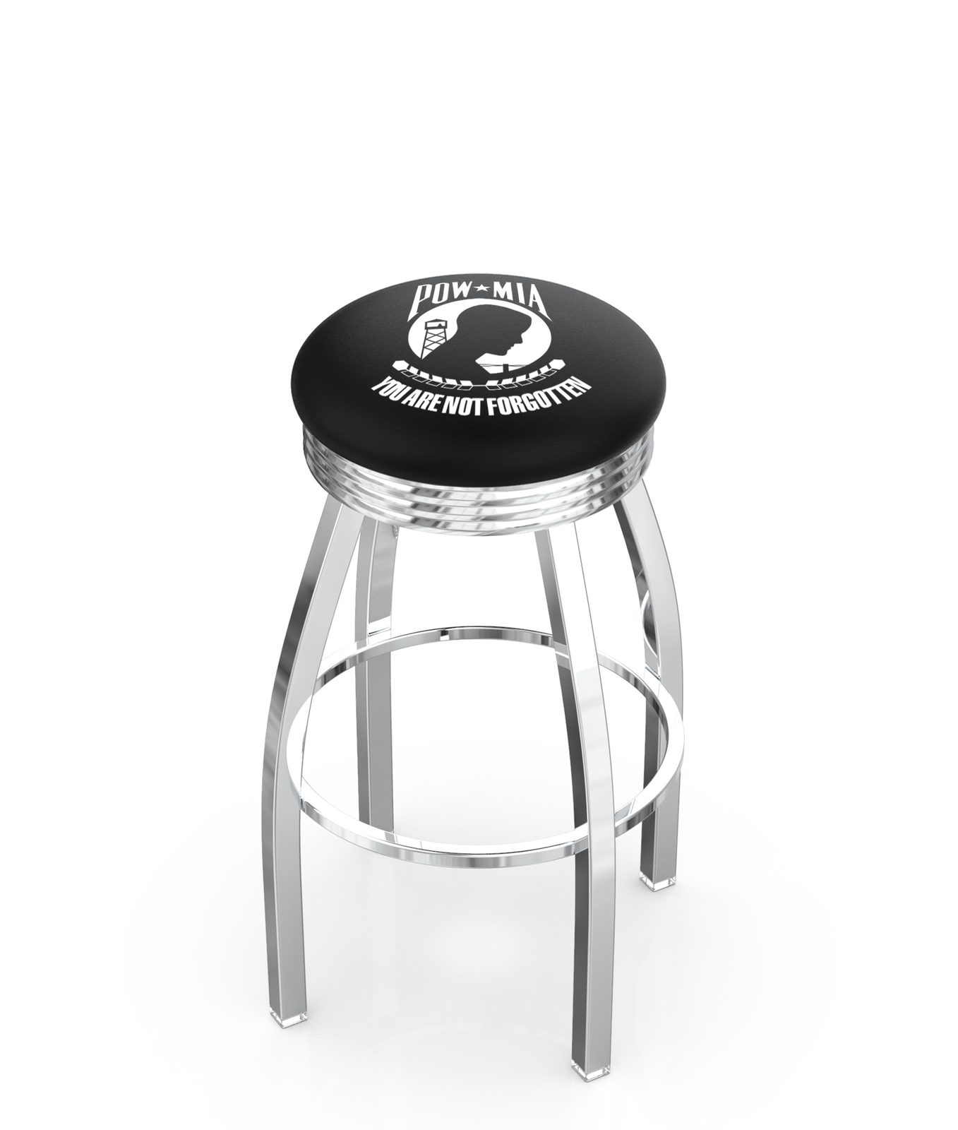 POW/MIA 25-Inch Swivel Backless Counter Stool w/ Chrome Finish, Single-Ring Base, 2.75-Inch Chrome Ribbed Ring, 2.5-Inch Cushion Seat 1 POW/MIA 25-Inch Swivel Backless Counter Stool w/ Chrome Finish, Single-Ring Base, 2.75-Inch Chrome Ribbed Ring, 2.5-Inch Cushion Seat