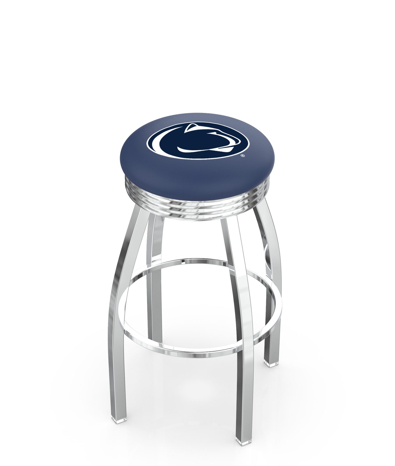 Pennsylvania State University 30-Inch Swivel Backless Bar Stool w/ Chrome Finish, Single-Ring Base, 2.75-Inch Chrome Ribbed Ring, 2.5-Inch Cushion Seat 1 Pennsylvania State University 30-Inch Swivel Backless Bar Stool w/ Chrome Finish, Single-Ring Base, 2.75-Inch Chrome Ribbed Ring, 2.5-Inch Cushion Seat