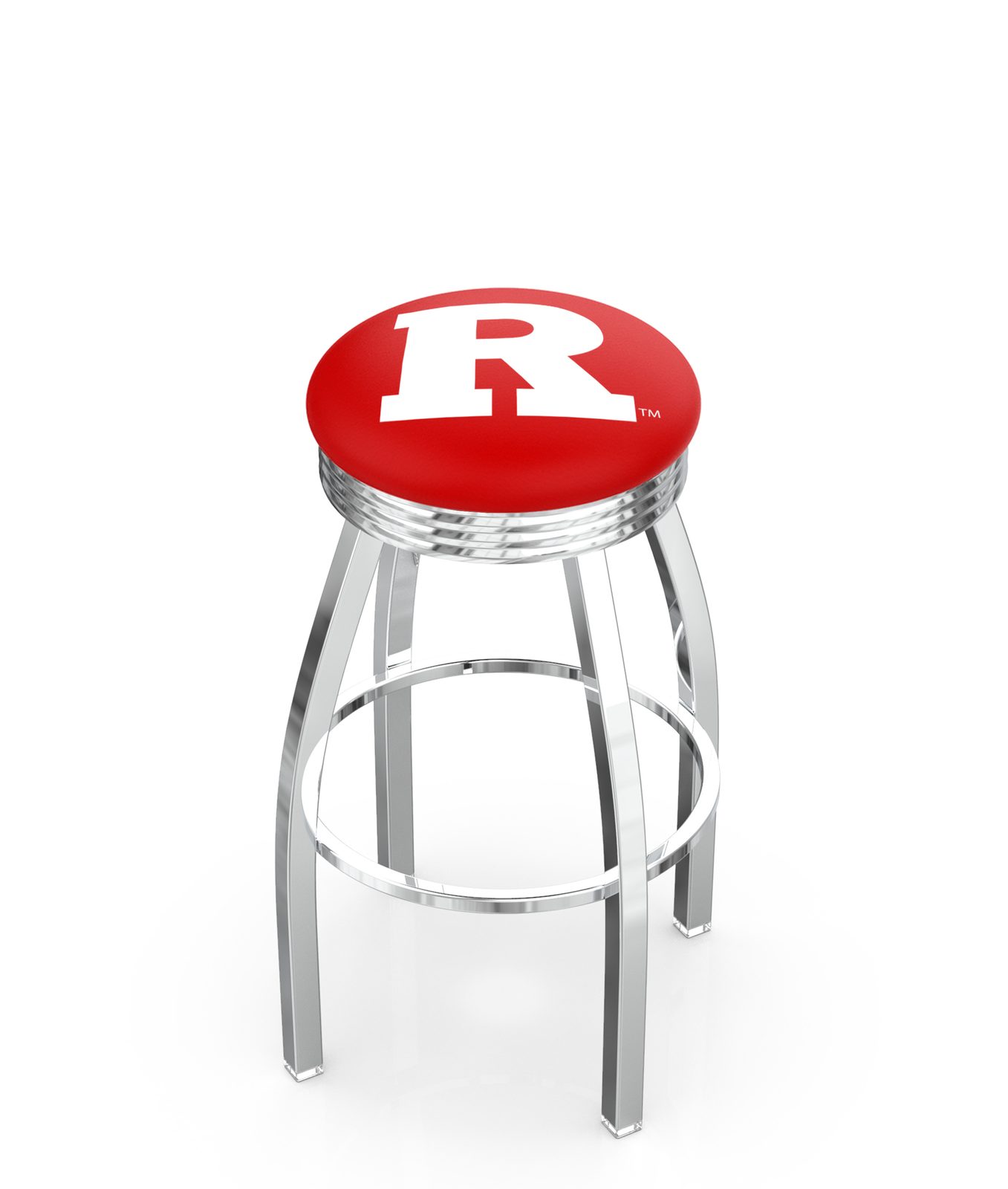 Rutgers University 30-Inch Swivel Backless Bar Stool w/ Chrome Finish, Single-Ring Base, 2.75-Inch Chrome Ribbed Ring, 2.5-Inch Cushion Seat 1 Rutgers University 30-Inch Swivel Backless Bar Stool w/ Chrome Finish, Single-Ring Base, 2.75-Inch Chrome Ribbed Ring, 2.5-Inch Cushion Seat