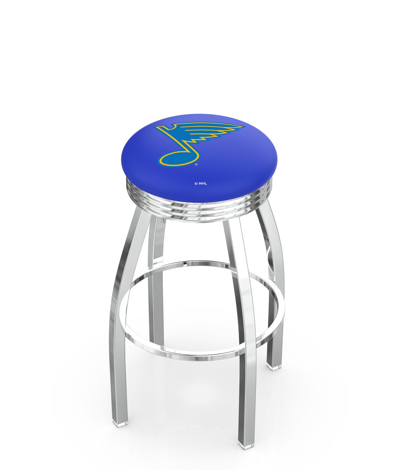 St Louis Blues 30-Inch Swivel Backless Bar Stool w/ Chrome Finish, Single-Ring Base, 2.75-Inch Chrome Ribbed Ring, 2.5-Inch Cushion Seat 1 St Louis Blues 30-Inch Swivel Backless Bar Stool w/ Chrome Finish, Single-Ring Base, 2.75-Inch Chrome Ribbed Ring, 2.5-Inch Cushion Seat