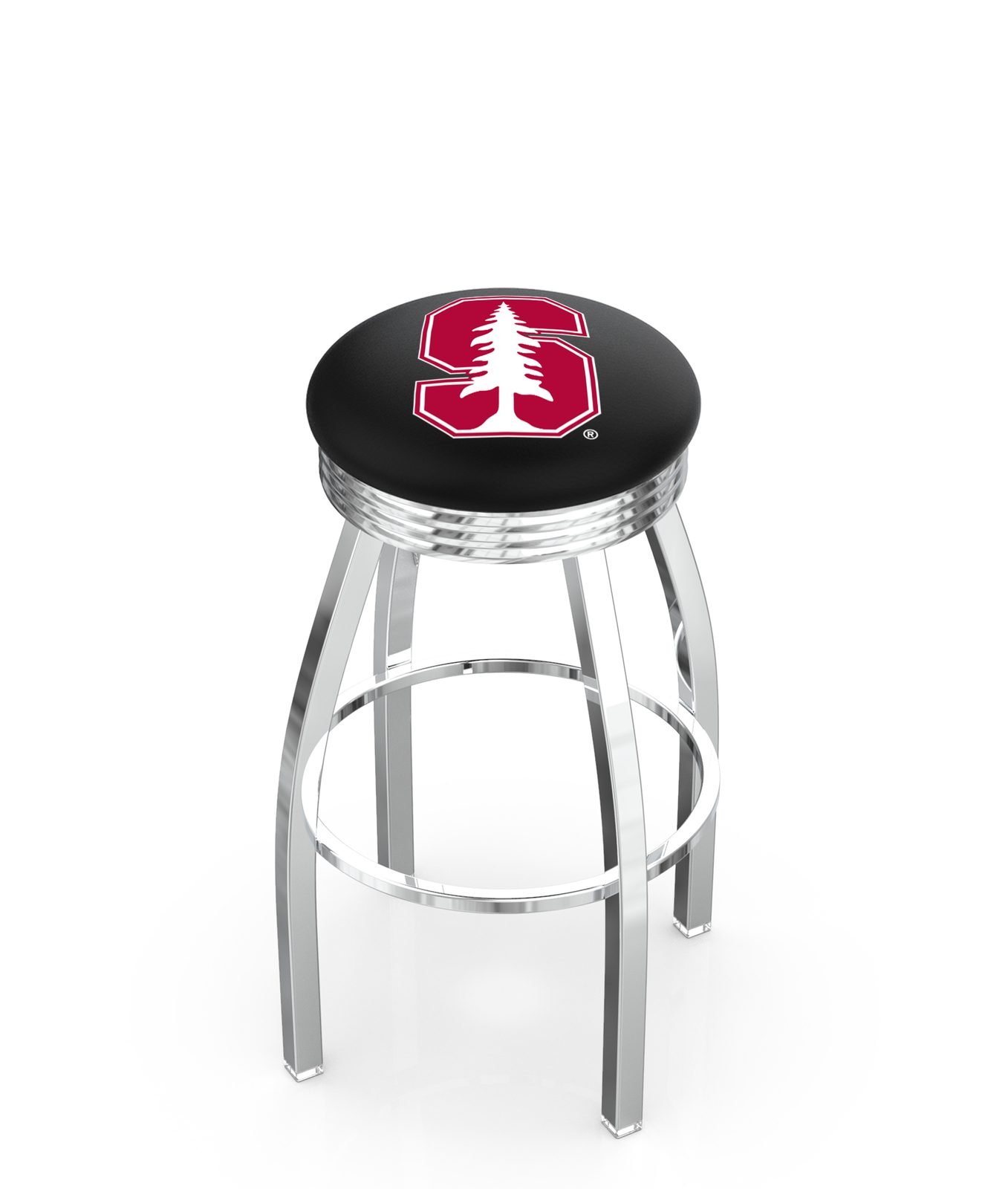 Stanford University 30-Inch Swivel Backless Bar Stool w/ Chrome Finish, Single-Ring Base, 2.75-Inch Chrome Ribbed Ring, 2.5-Inch Cushion Seat 1 Stanford University 30-Inch Swivel Backless Bar Stool w/ Chrome Finish, Single-Ring Base, 2.75-Inch Chrome Ribbed Ring, 2.5-Inch Cushion Seat