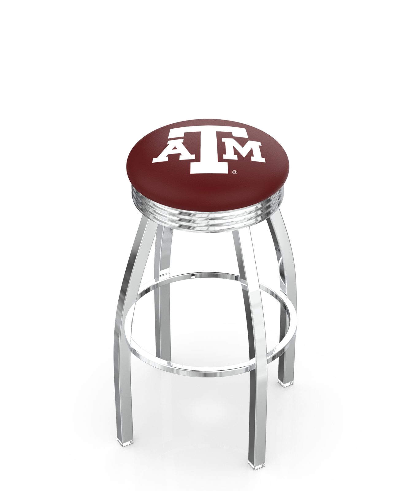 Texas A&M 25-Inch Swivel Backless Counter Stool w/ Chrome Finish, Single-Ring Base, 2.75-Inch Chrome Ribbed Ring, 2.5-Inch Cushion Seat 1 Texas A&M 25-Inch Swivel Backless Counter Stool w/ Chrome Finish, Single-Ring Base, 2.75-Inch Chrome Ribbed Ring, 2.5-Inch Cushion Seat