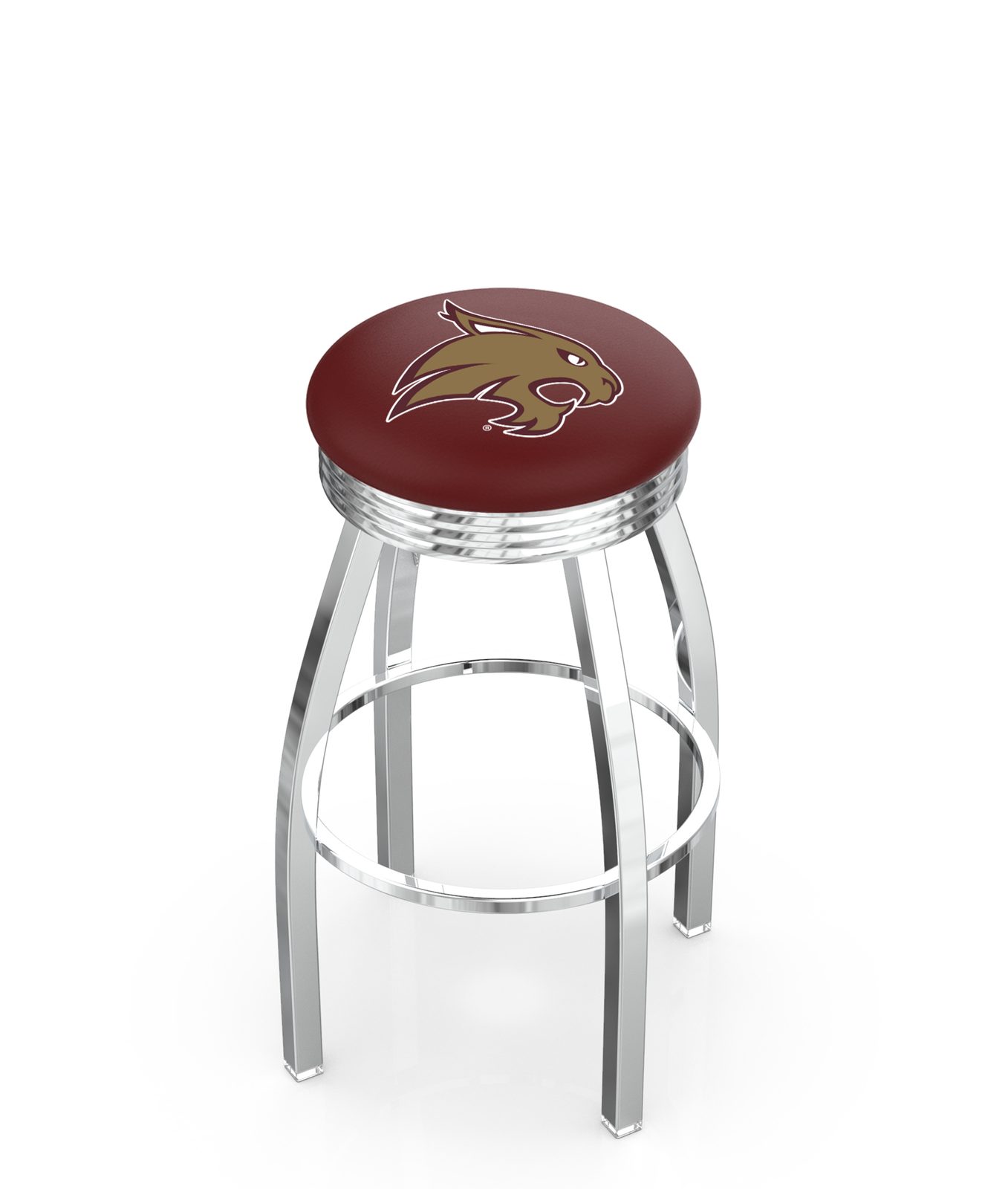 Texas State University 25-Inch Swivel Backless Counter Stool w/ Chrome Finish, Single-Ring Base, 2.75-Inch Chrome Ribbed Ring, 2.5-Inch Cushion Seat 1 Texas State University 25-Inch Swivel Backless Counter Stool w/ Chrome Finish, Single-Ring Base, 2.75-Inch Chrome Ribbed Ring, 2.5-Inch Cushion Seat