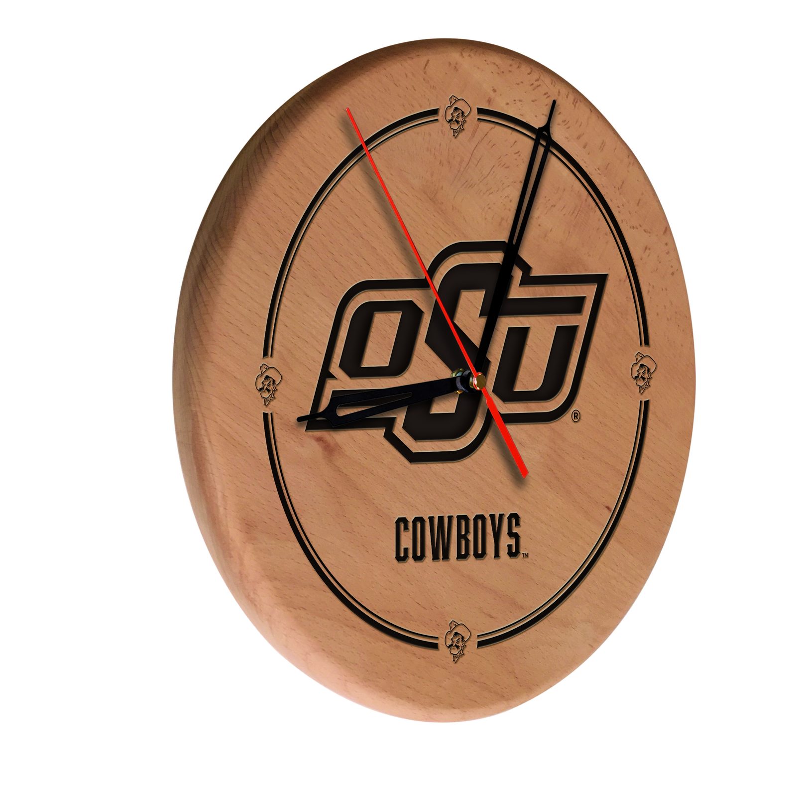 Oklahoma State University 13-Inch Solid Wood Engraved Clock in Natural 1 Oklahoma State University 13-Inch Solid Wood Engraved Clock in Natural