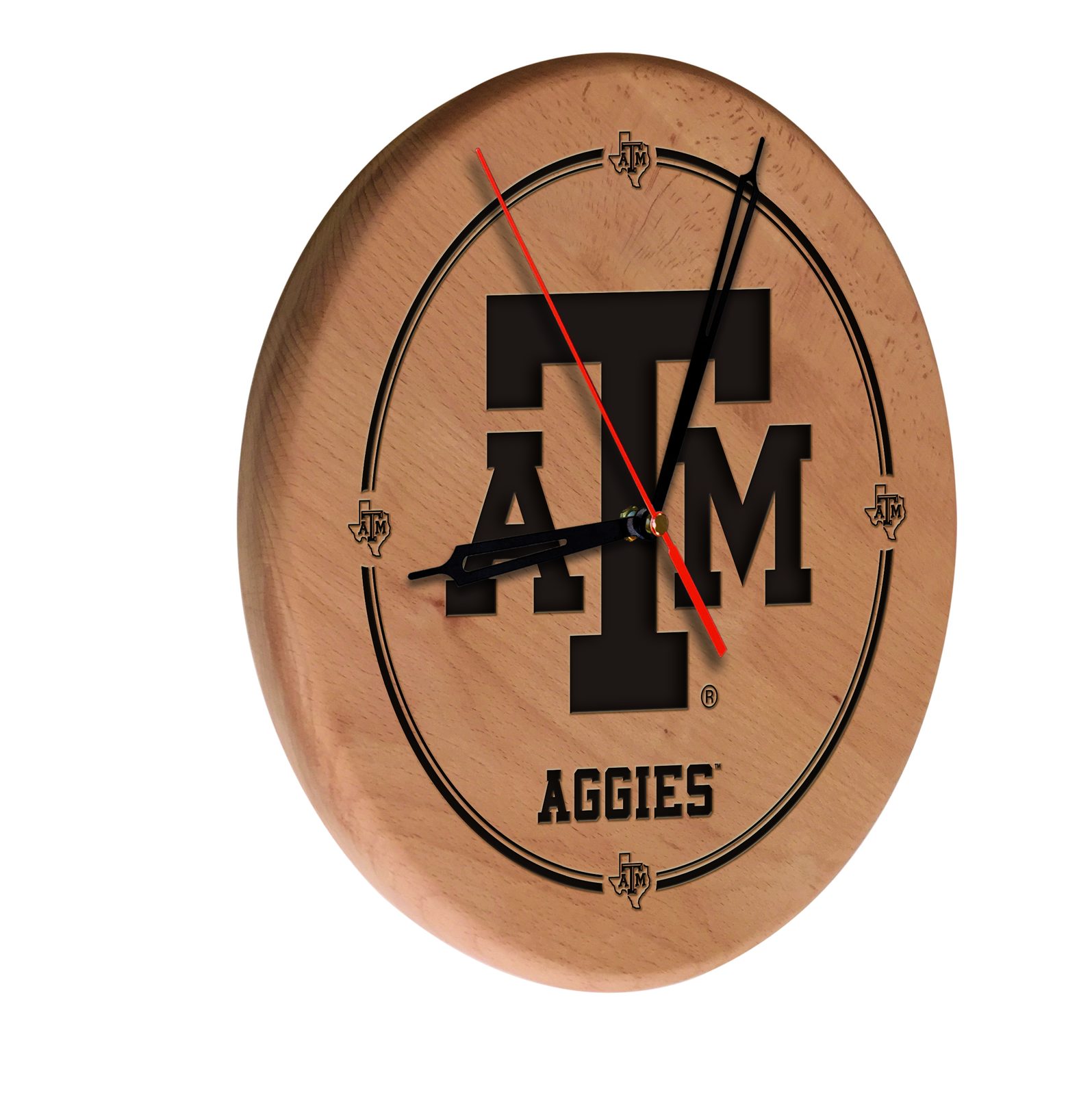 Texas A&M 13-Inch Solid Wood Engraved Clock in Natural 1 Texas A&M 13-Inch Solid Wood Engraved Clock in Natural