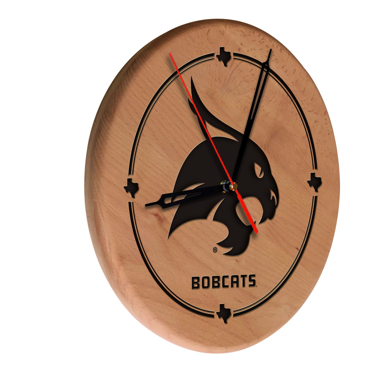 Texas State University 13-Inch Solid Wood Engraved Clock in Natural 1 Texas State University 13-Inch Solid Wood Engraved Clock in Natural